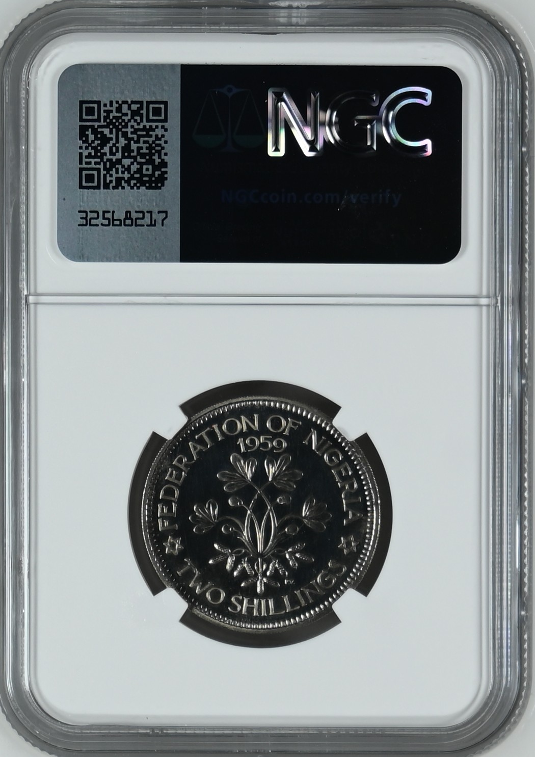 长老汇龙年精选第三场 1959 尼日利亚伊丽莎白二2先令精制铜镍币，NGC PF65，并列冠军分，发行量6031枚