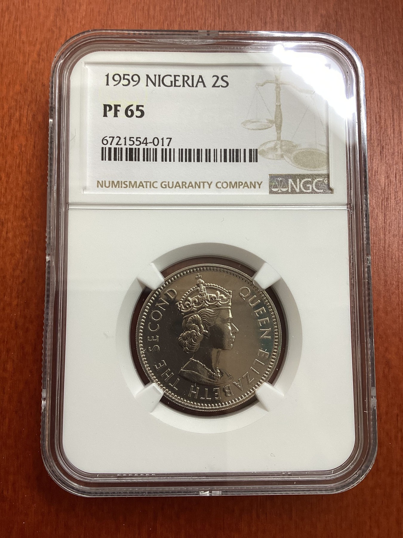长老汇龙年精选第三场 1959 尼日利亚伊丽莎白二2先令精制铜镍币，NGC PF65，并列冠军分，发行量6031枚
