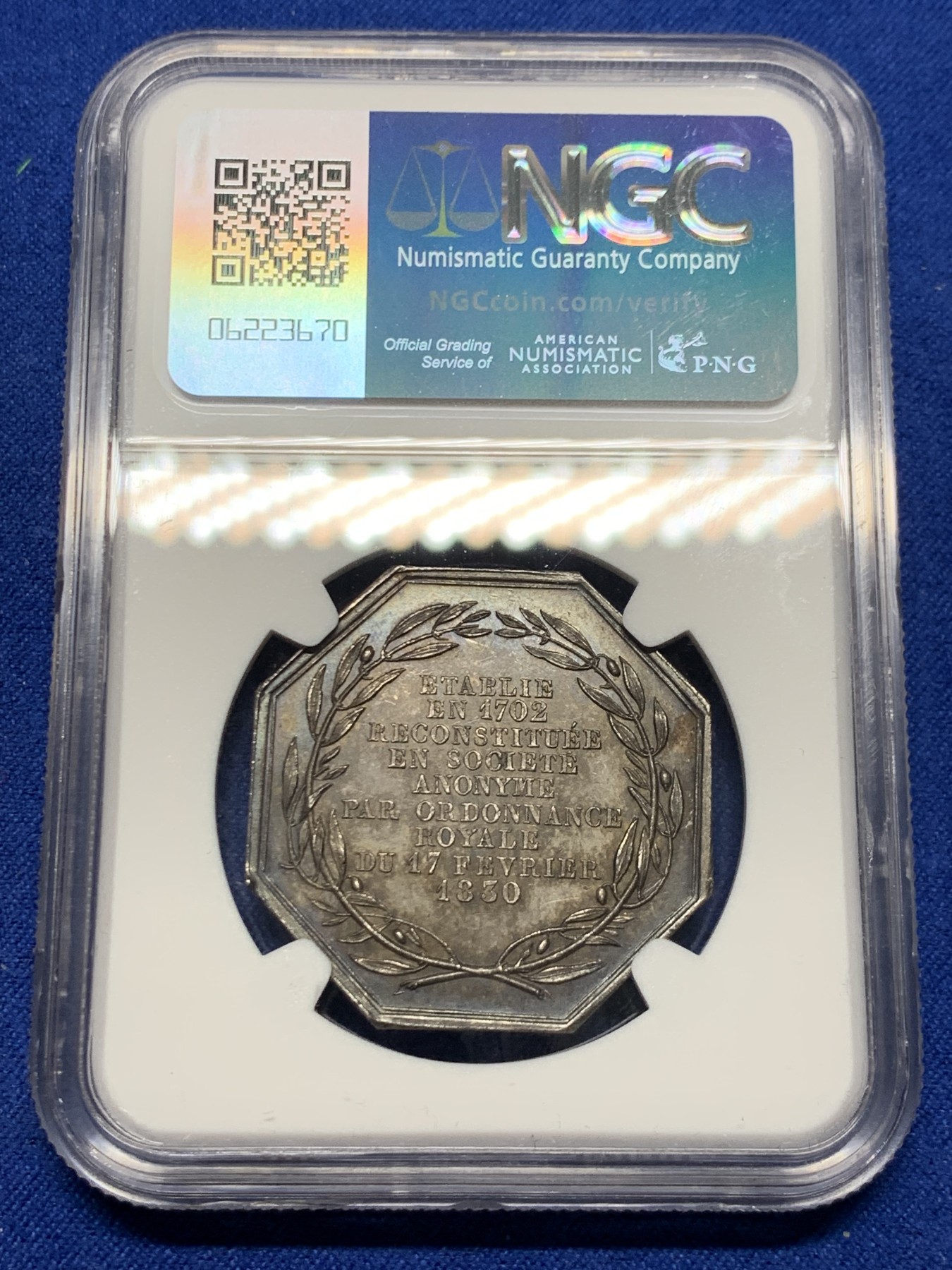 《竞宝斋》第250场-周日，周一 ，周二3场连拍 (全场包邮) NGC-MS62 法国八角银质代币，圣戈班皇家制镜公司，难得早期手指边铭有如此品相