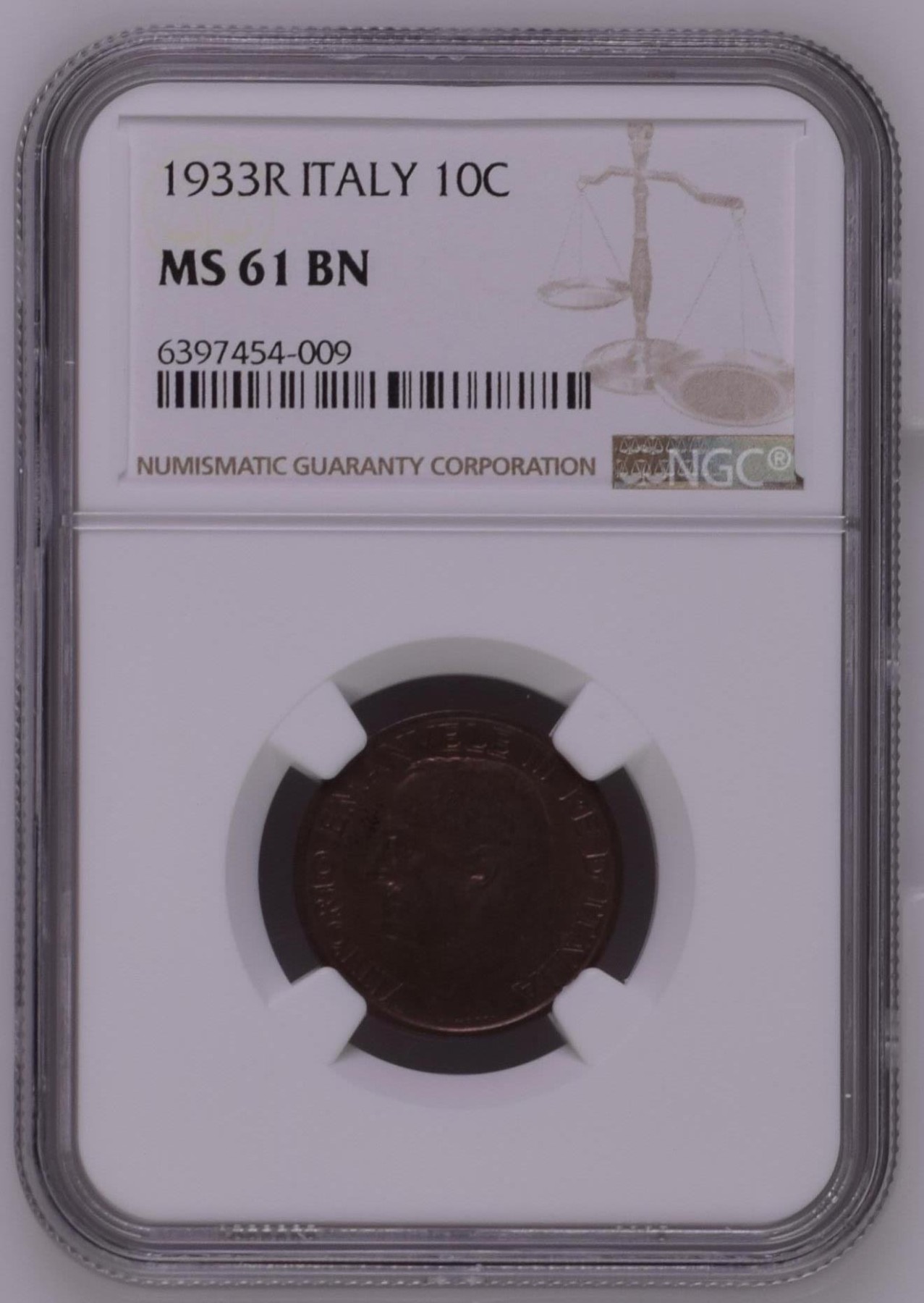 长老汇龙年精选第三场 1933R 意大利伊曼纽尔三世蜜蜂10分铜币，NGC MS61BN，更高分仅有四枚