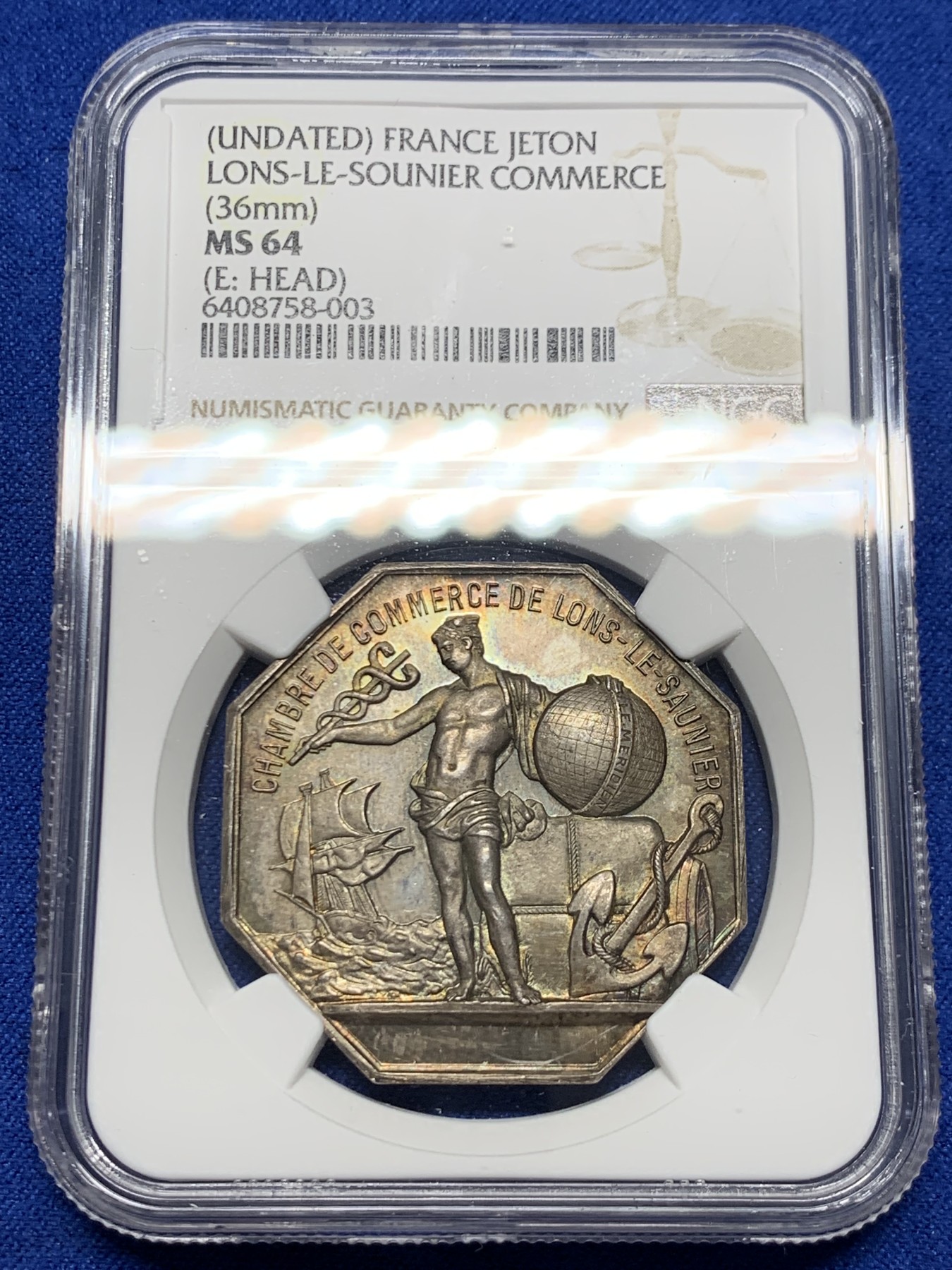 《竞宝斋》第250场-周日，周一 ，周二3场连拍 (全场包邮) NGC-MS64 法国八角银质代币，隆勒索尼商会，手持地球的墨丘利，造型和1869年的先见之明保险相似，极美五彩包浆，30+克非常厚重