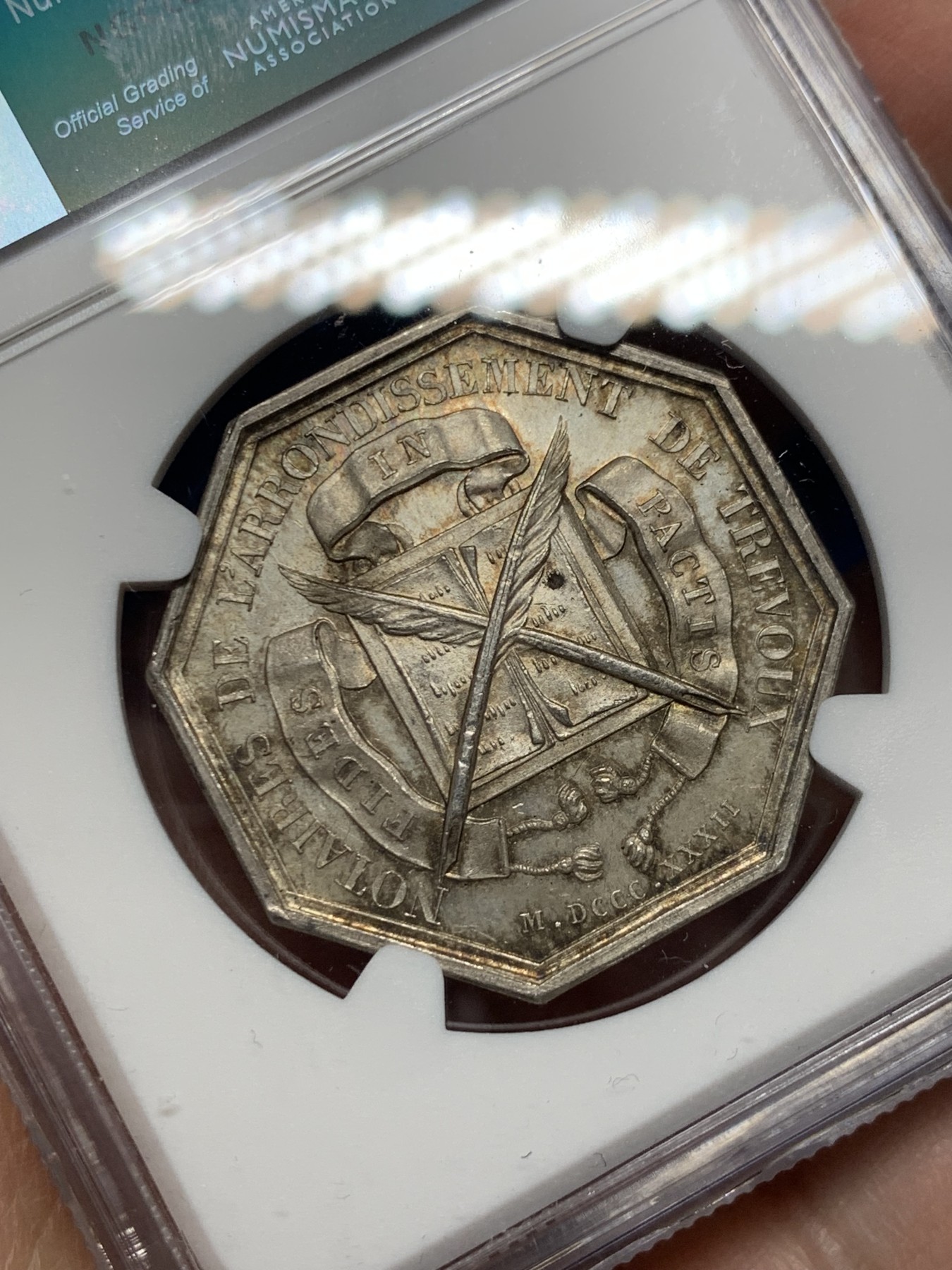 《竞宝斋》第250场-周日，周一 ，周二3场连拍 (全场包邮) NGC-MS64 法国八角银质代币，特雷武公证人，黄油包浆，蛇鳞清晰