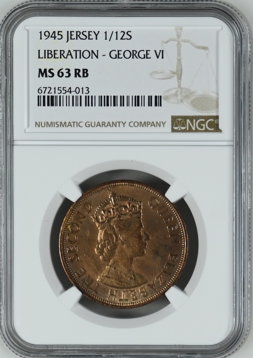 长老汇龙年精选第三场 1945 泽西伊丽莎白二1/12先令铜币，NGC MS63RB，骡币，背面误用了乔治六世1/12先令模版，更高分仅有17枚