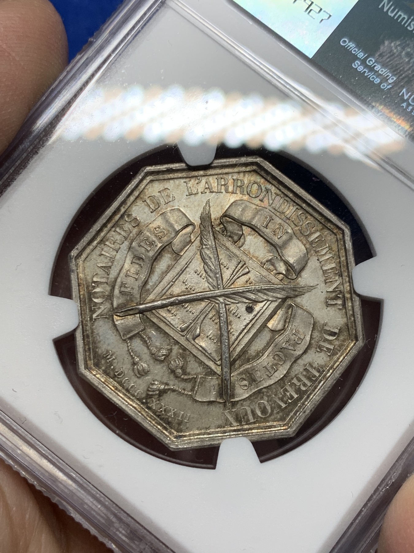 《竞宝斋》第250场-周日，周一 ，周二3场连拍 (全场包邮) NGC-MS64 法国八角银质代币，特雷武公证人，黄油包浆，蛇鳞清晰