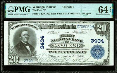 【Blue Auction】✨世界纸币精拍第448期【精】 - 【POP1/1 非常罕见版本 千位小号 手签潇洒】美国 堪萨斯州 1902年20美金 PMG64EPQ 近GEM品相 大票幅 正面人物为前财政部长休-麦卡洛克 背面美国财政部和国会大厦 半裸的女神 雄鹰 雕刻精美 