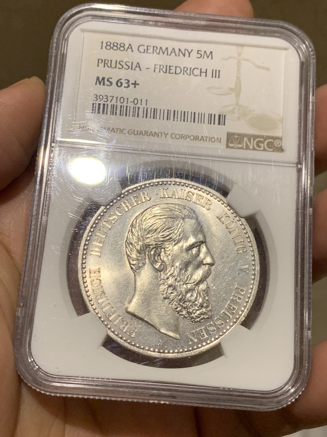 《竞宝斋》第249场-周日，周一 ，周二3场连拍 (全场包邮) NGC MS63+ 德国普鲁士 1888年 三皇 5马克 银币