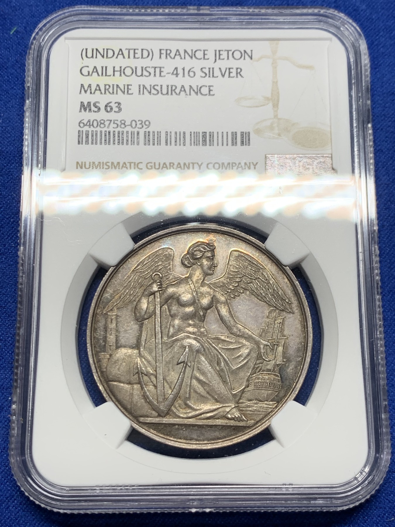 《竞宝斋》第250场-周日，周一 ，周二3场连拍 (全场包邮) NGC-MS63 法国海上保险公司银质jeton，早期无边铭，极少见品种