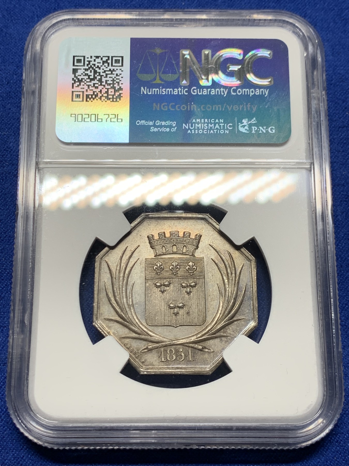 《竞宝斋》第250场-周日，周一 ，周二3场连拍 (全场包邮) NGC-MS63 法国JETON银质八角，奥尔良文艺协会