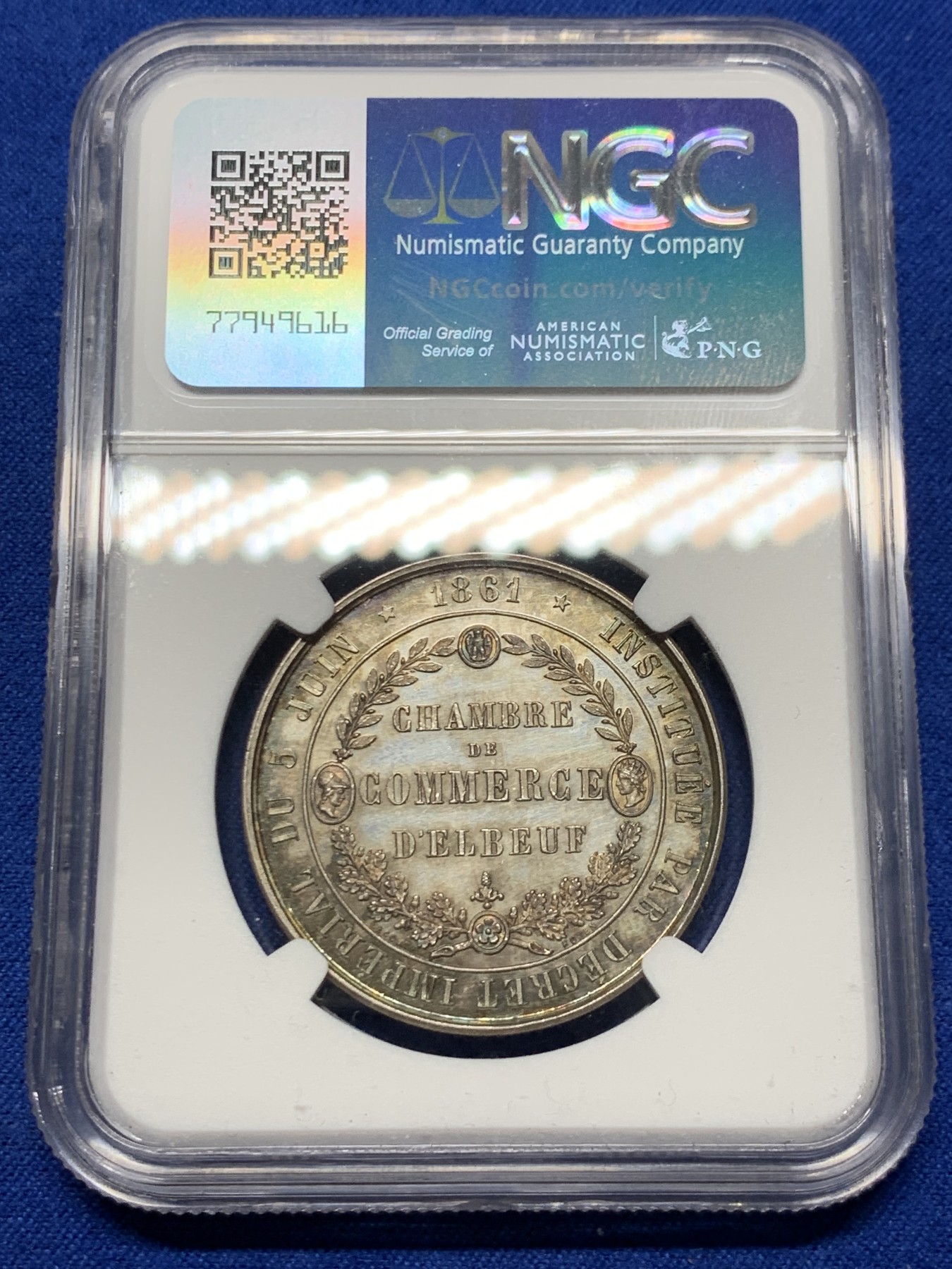 《竞宝斋》第250场-周日，周一 ，周二3场连拍 (全场包邮) NGC-MS64 法国埃尔伯夫商会银质jeton，五彩包浆