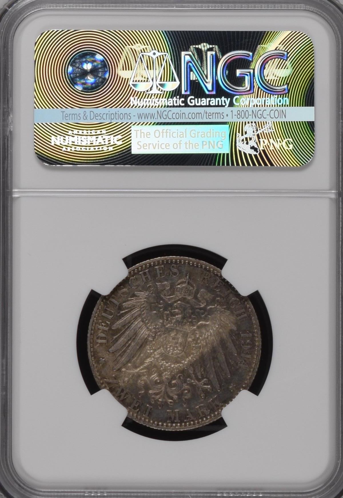 长老汇龙年精选第三场 1914D 德国巴伐利亚2马克银币，NGC UNC，误杀