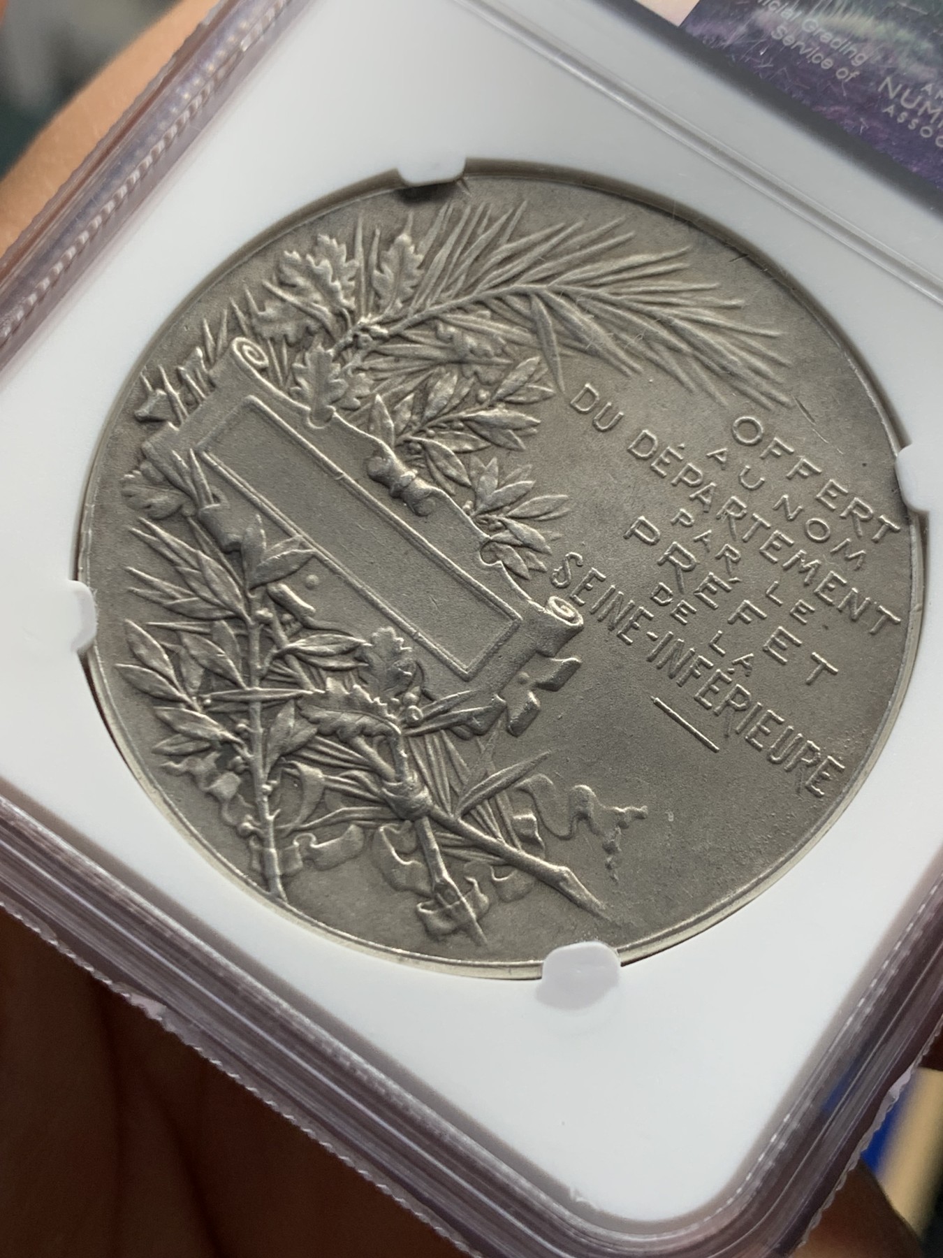 《竞宝斋》第250场-周日，周一 ，周二3场连拍 (全场包邮) NGC MS61 法国 罗蒂作品 玛丽安娜 银章 42mm大规格  经典设计 丰饶角边铭银标