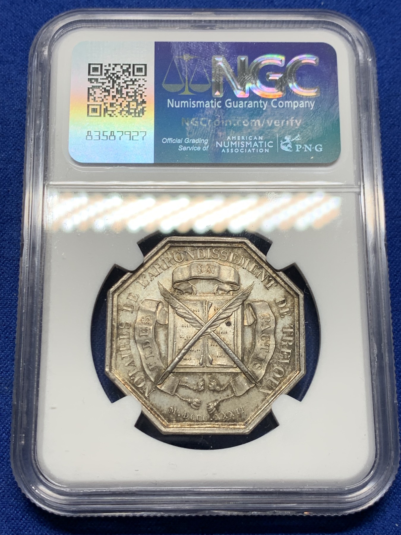 《竞宝斋》第250场-周日，周一 ，周二3场连拍 (全场包邮) NGC-MS64 法国八角银质代币，特雷武公证人，黄油包浆，蛇鳞清晰