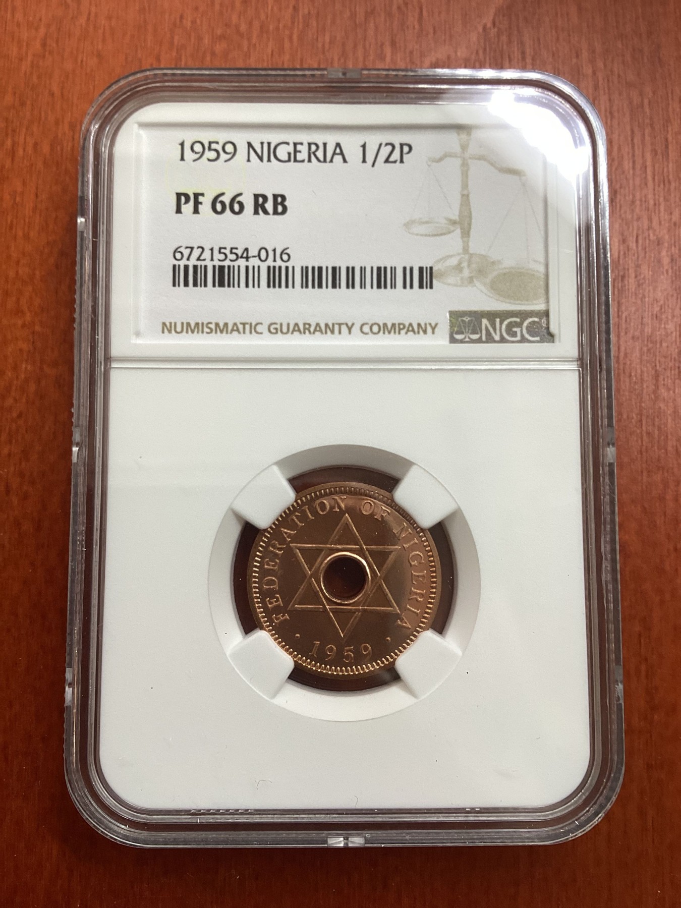 长老汇龙年精选第三场 1959 尼日利亚伊丽莎白二1/2便士精制铜币，NGC PF66RB，唯一记录，发行量6031枚