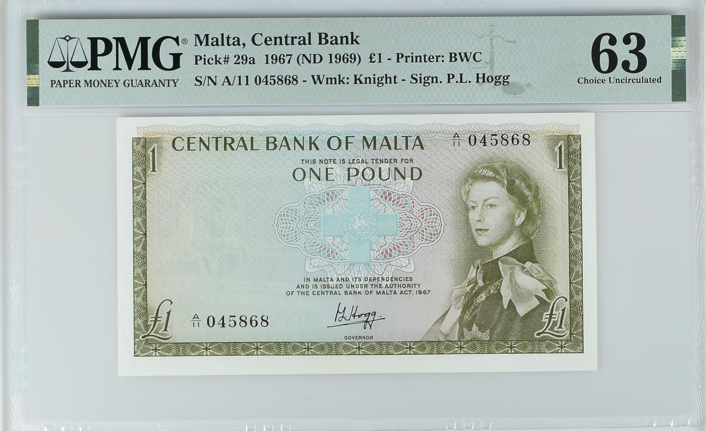 收藏联盟Quantum Auction 第332期拍卖  马耳他1967 (ND 1969)年1镑 PMG63 戎装女王