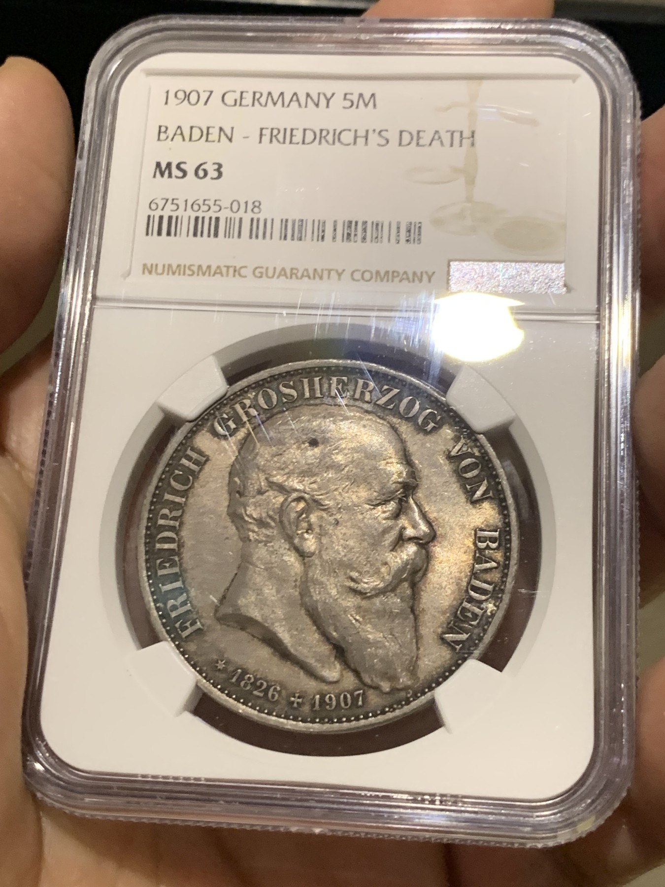 《竞宝斋》第249场-周日，周一 ，周二3场连拍 (全场包邮) NGC  MS63  德国  1907年  巴登逝世纪念5马克