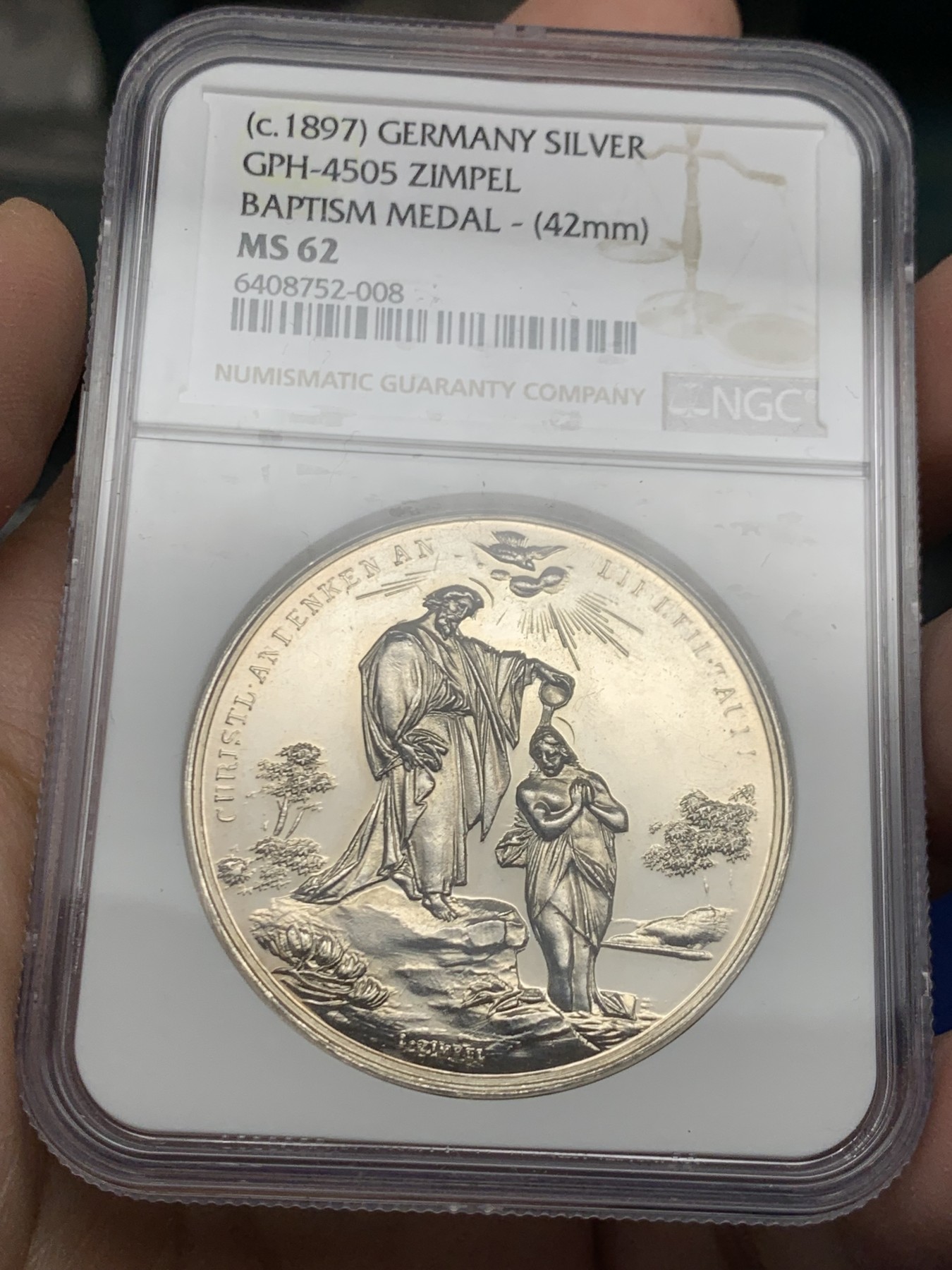 《竞宝斋》第250场-周日，周一 ，周二3场连拍 (全场包邮) NGC-MS62 德国1897年洗礼纪念银章，守护天使俯身在婴儿身旁