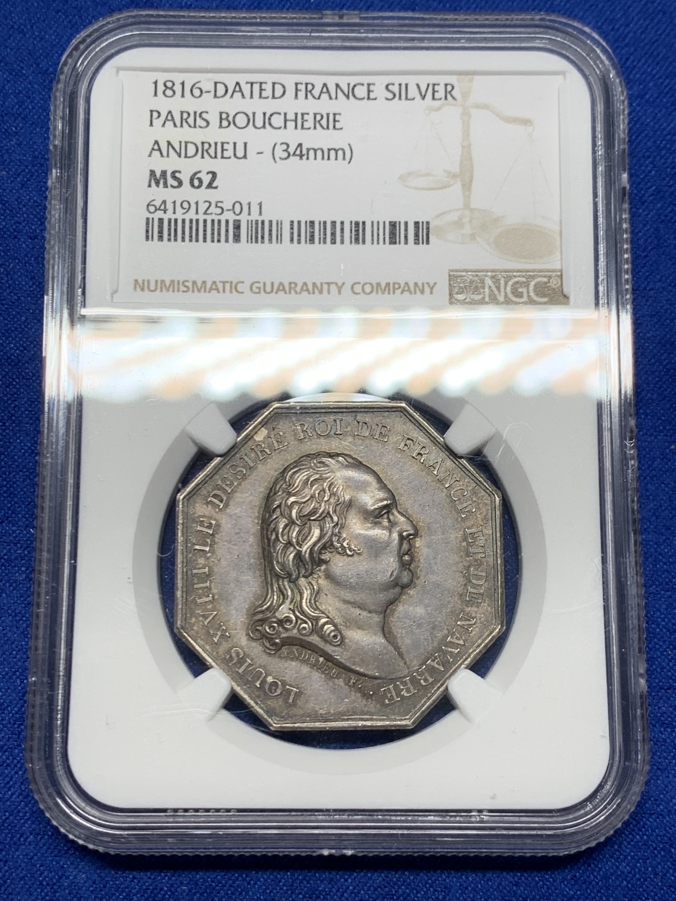 《竞宝斋》第250场-周日，周一 ，周二3场连拍 (全场包邮) NGC MS62 法国1816安德里厄八角银质代币