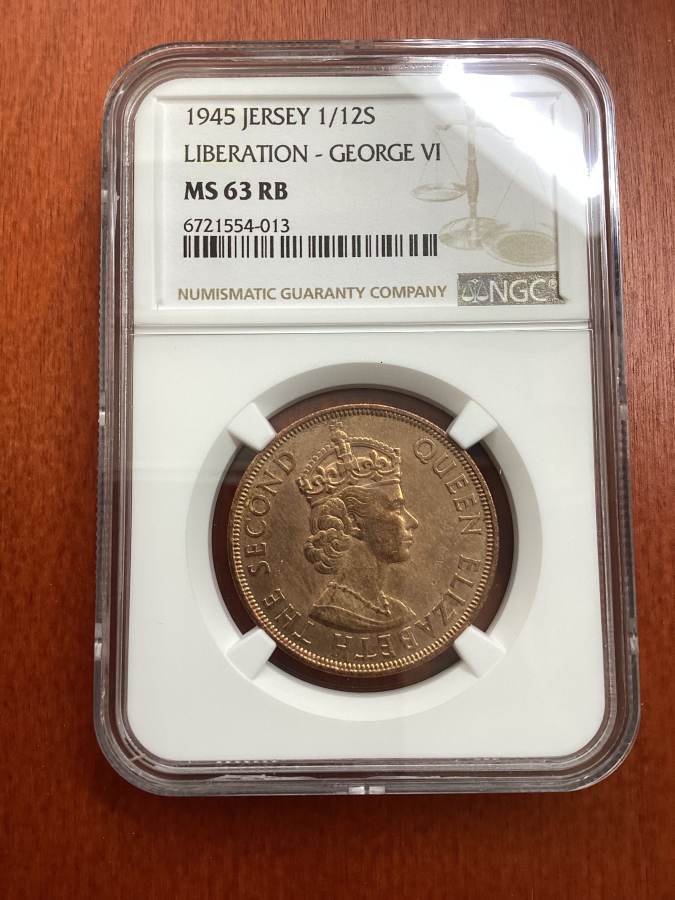 长老汇龙年精选第三场 1945 泽西伊丽莎白二1/12先令铜币，NGC MS63RB，骡币，背面误用了乔治六世1/12先令模版，更高分仅有17枚