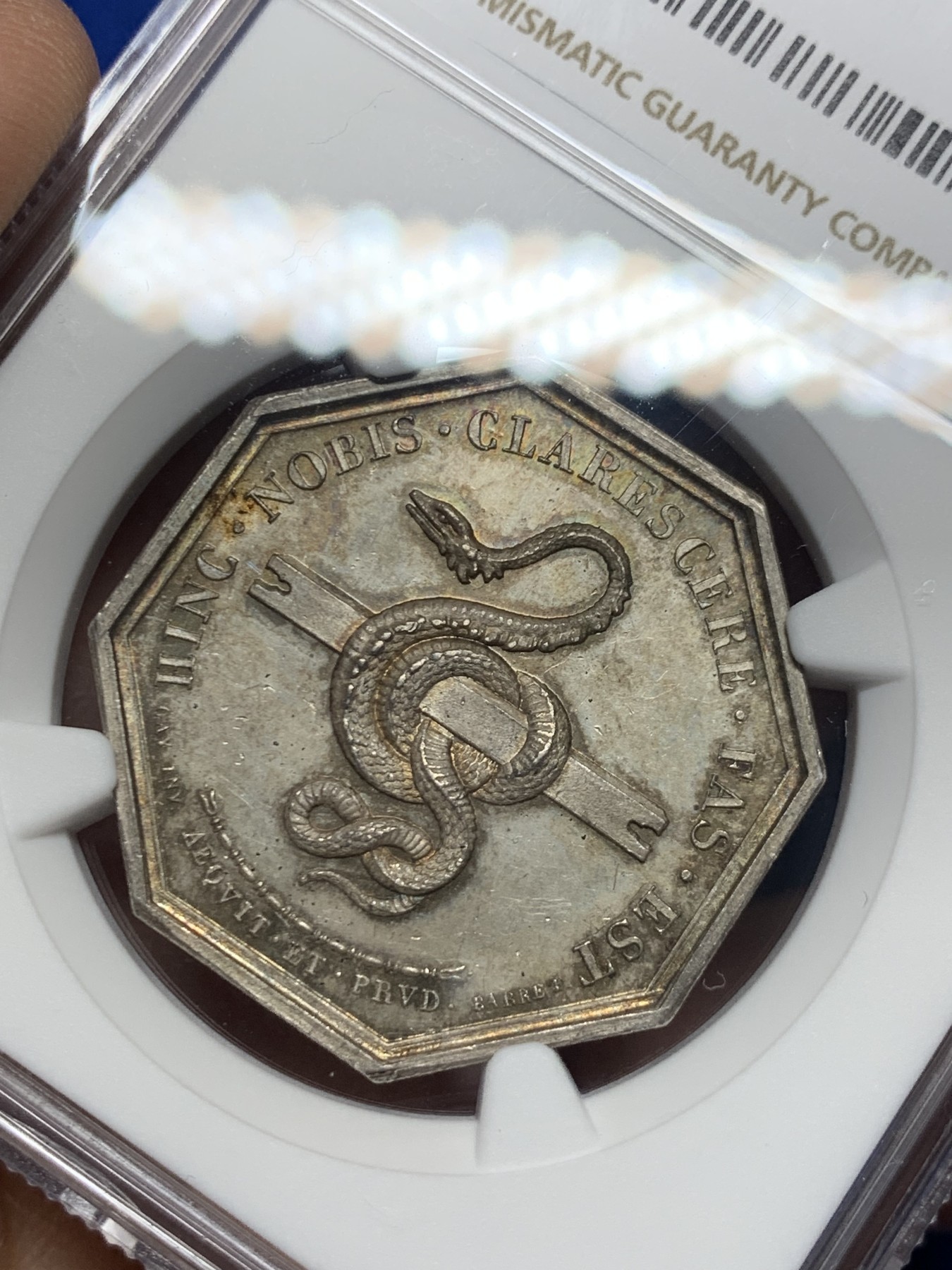 《竞宝斋》第250场-周日，周一 ，周二3场连拍 (全场包邮) NGC-MS64 法国八角银质代币，特雷武公证人，黄油包浆，蛇鳞清晰