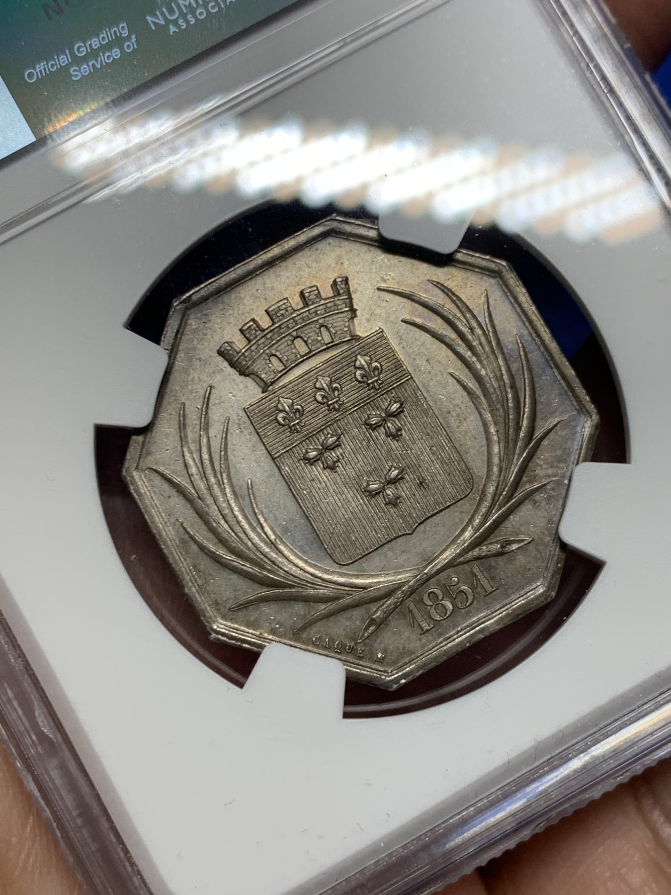 《竞宝斋》第250场-周日，周一 ，周二3场连拍 (全场包邮) NGC-MS63 法国JETON银质八角，奥尔良文艺协会