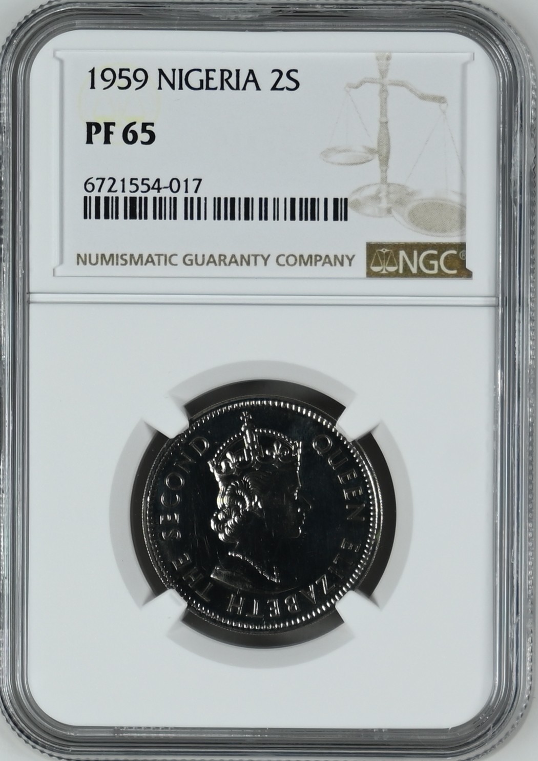 长老汇龙年精选第三场 1959 尼日利亚伊丽莎白二2先令精制铜镍币，NGC PF65，并列冠军分，发行量6031枚