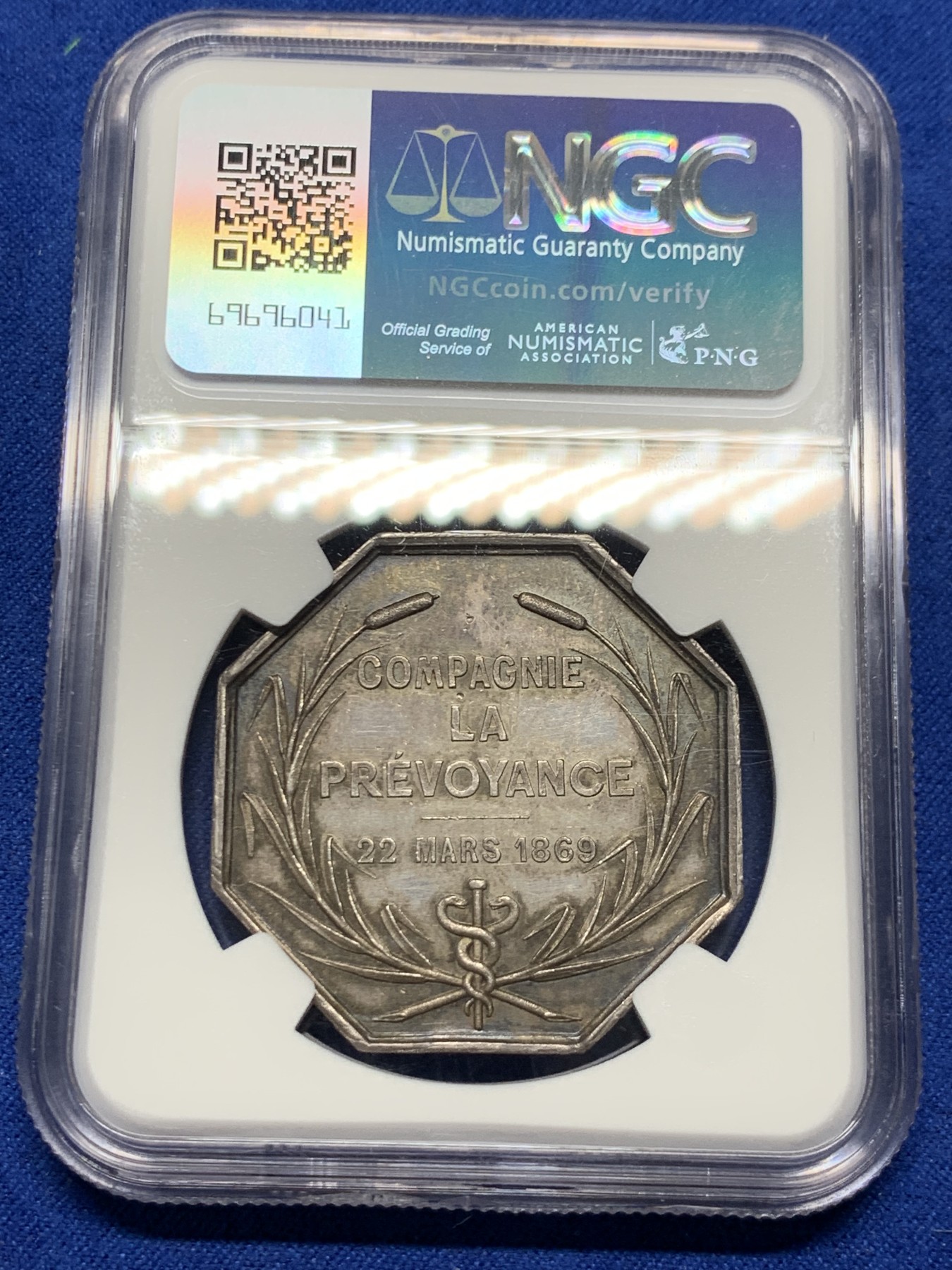 《竞宝斋》第250场-周日，周一 ，周二3场连拍 (全场包邮) NGC-MS63 法国1869年名誉品八角银章，先见之明保险公司，优雅的女神普鲁登斯