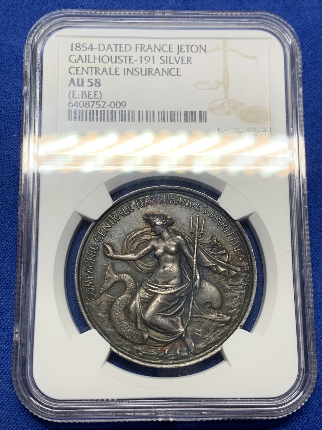 《竞宝斋》第250场-周日，周一 ，周二3场连拍 (全场包邮) NGC-AU58 法国中央海上保险公司银质代币，手持三叉戟的女海王安菲特里特