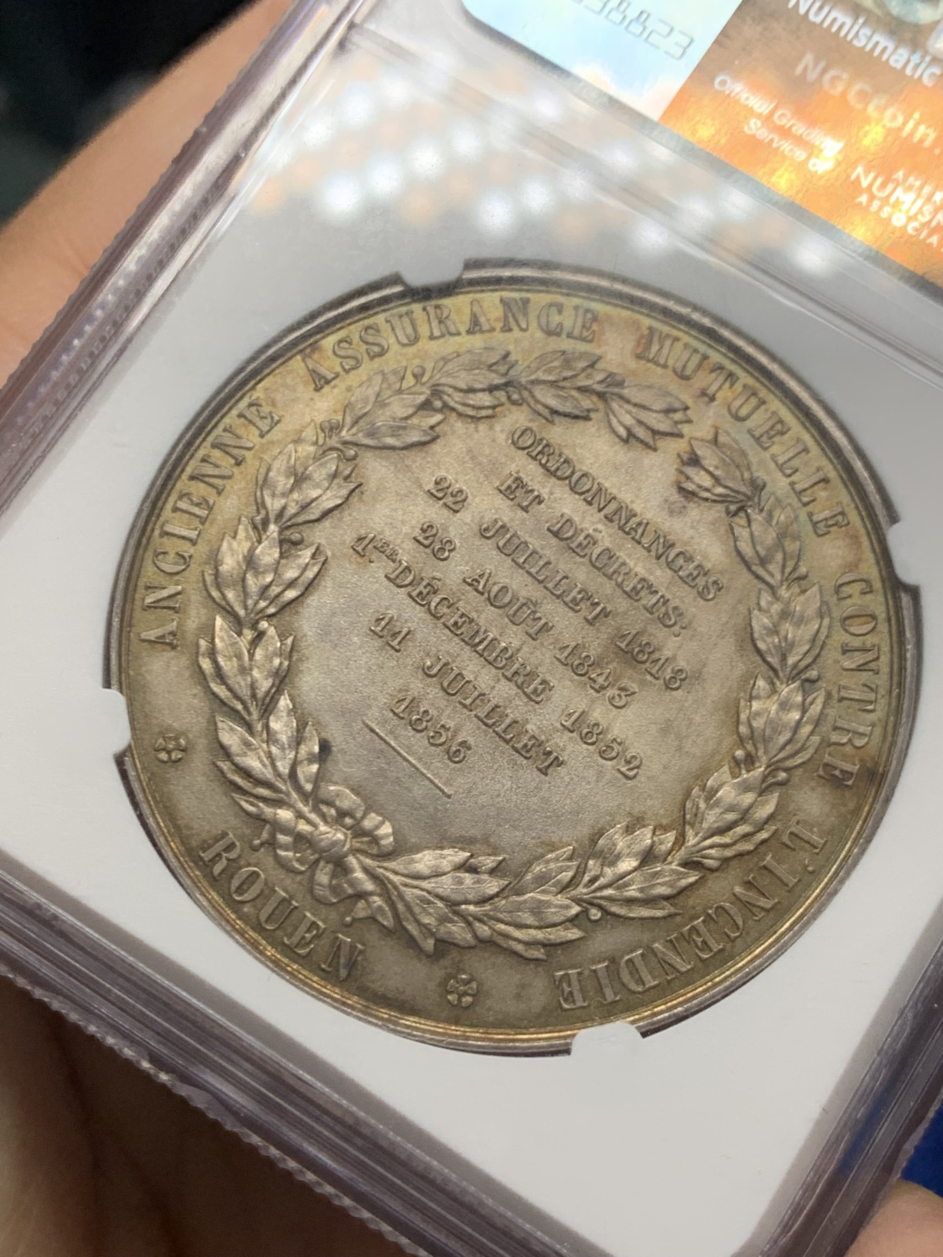 《竞宝斋》第250场-周日，周一 ，周二3场连拍 (全场包邮) NGC-MS64 法国银质纪念奖章，鲁昂火灾保险公司