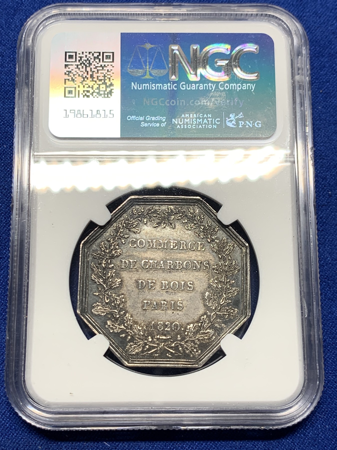 《竞宝斋》第250场-周日，周一 ，周二3场连拍 (全场包邮) NGC-AU58 法国名誉品巴黎煤炭贸易公司八角代用银币，此款难点在背面底板，已属不易