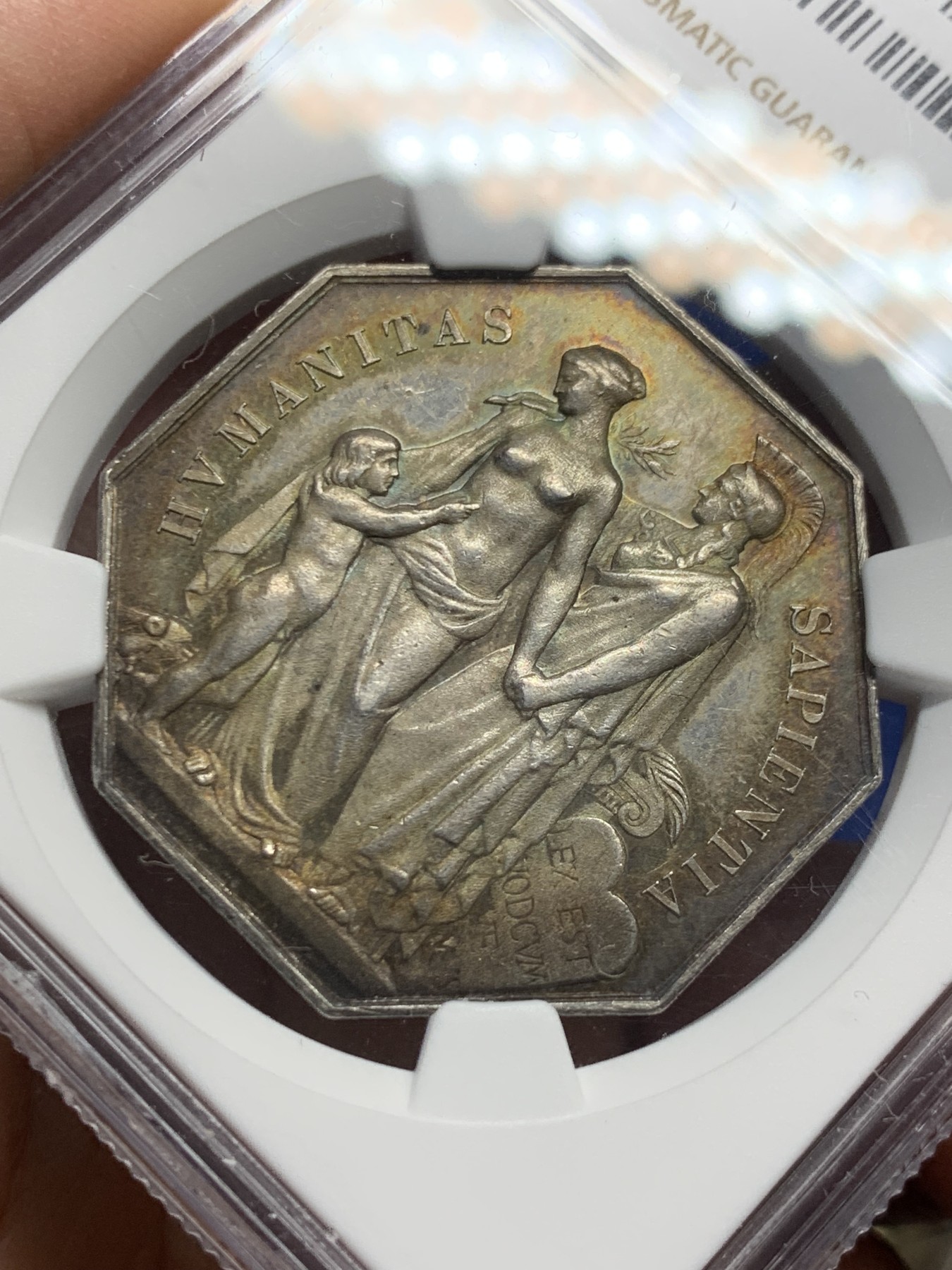 《竞宝斋》第250场-周日，周一 ，周二3场连拍 (全场包邮) NGC MS63 法国1874公证人协会八角银质代币 丰饶角边铭