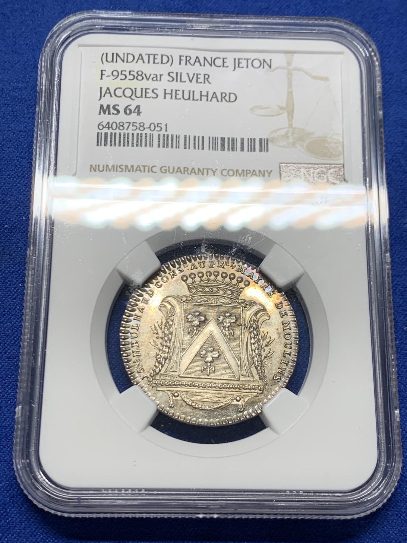 《竞宝斋》第250场-周日，周一 ，周二3场连拍 (全场包邮) NGC-MS64 法国穆兰市长雅克·赫尔哈德（1786-1790）银质jeton，带黄油底光