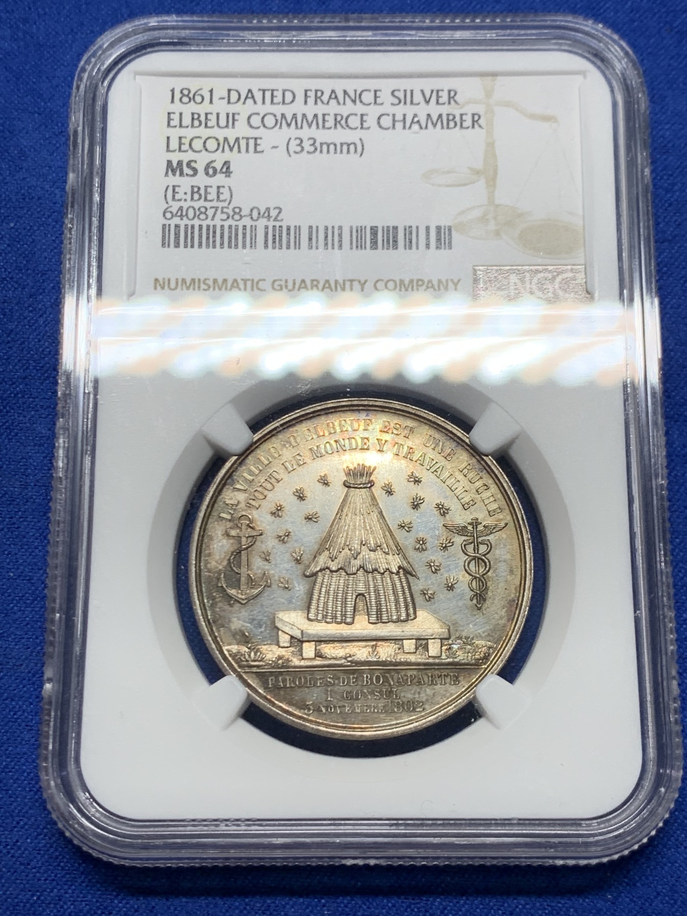 《竞宝斋》第250场-周日，周一 ，周二3场连拍 (全场包邮) NGC-MS64 法国埃尔伯夫商会银质jeton，五彩包浆