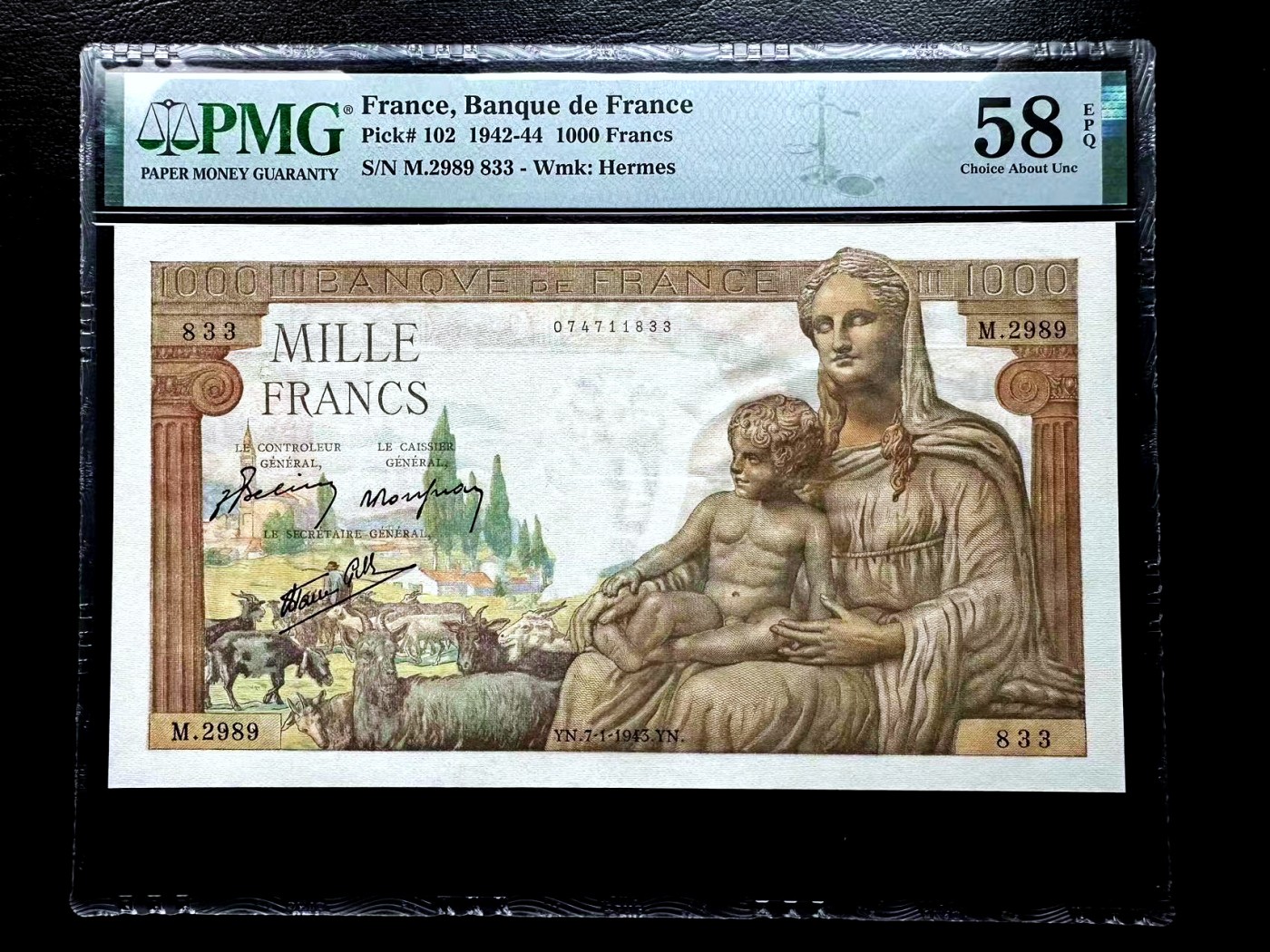 【Blue Auction】✨世界纸币精拍第448期【精】 【无47】法国 1943年1000法郎 PMG58EPQ 原票 圣母&墨丘利