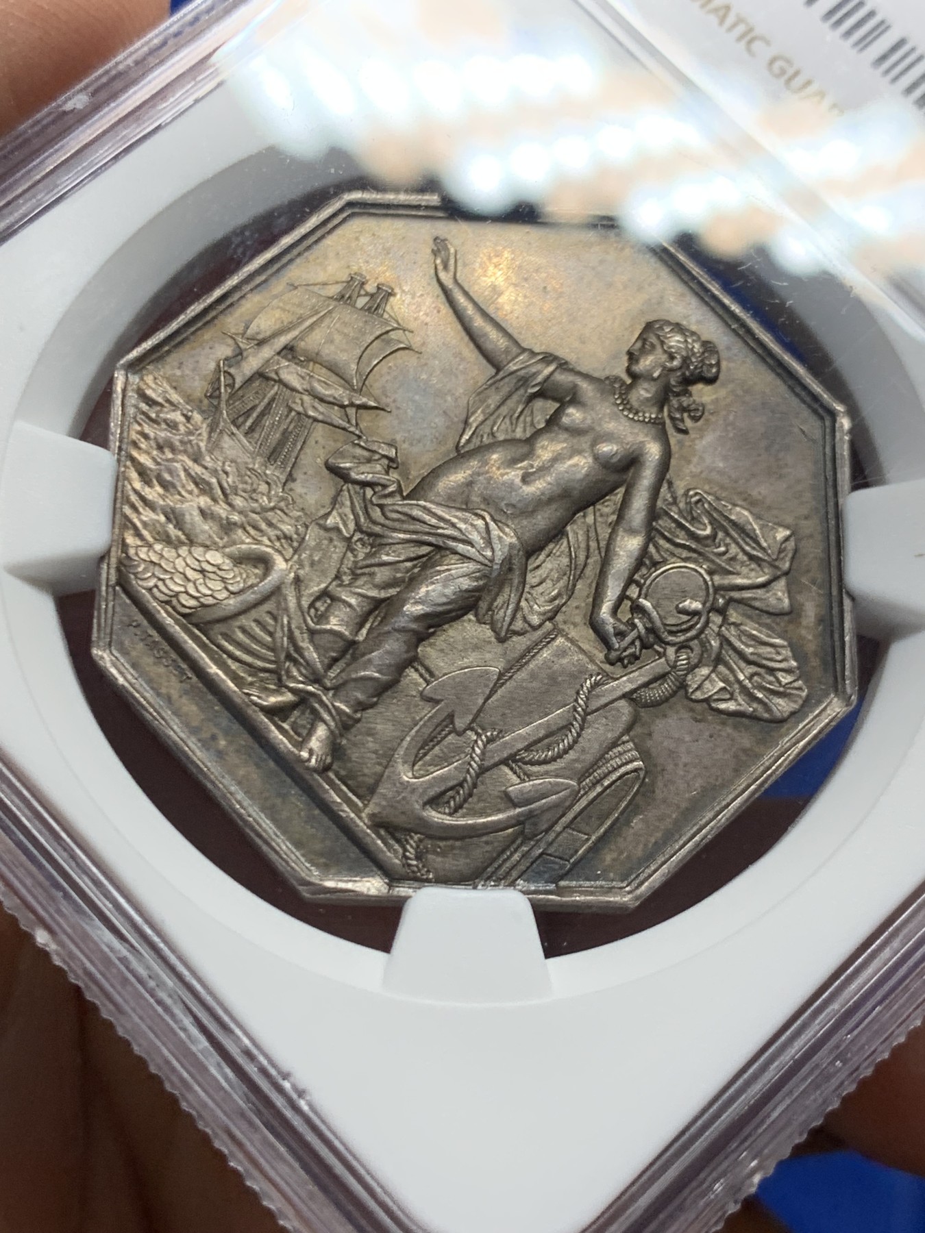 《竞宝斋》第250场-周日，周一 ，周二3场连拍 (全场包邮) NGC-MS63 法国1869年名誉品八角银章，先见之明保险公司，优雅的女神普鲁登斯