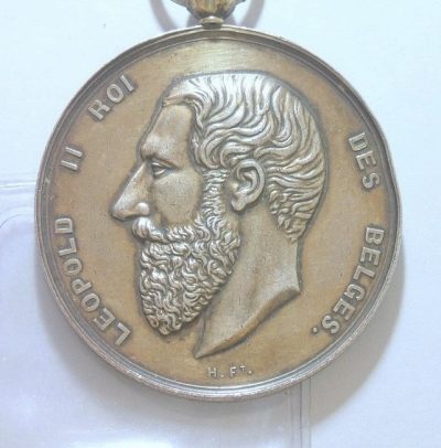 比利时1883年 利奥波德二世高浮雕精制大银章 50MM 39克 - 比利时1883年 利奥波德二世高浮雕精制大银章 50MM 39克