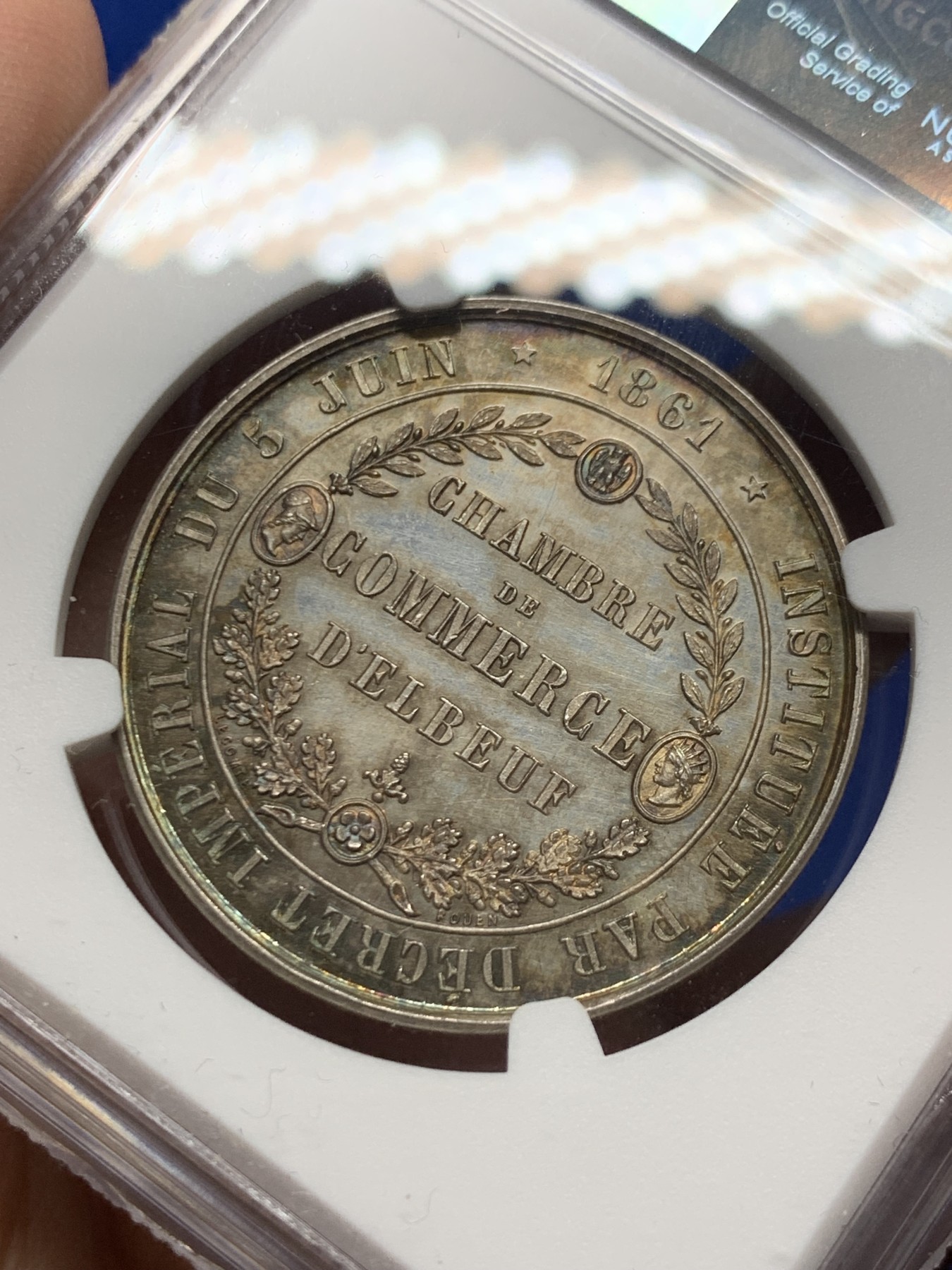 《竞宝斋》第250场-周日，周一 ，周二3场连拍 (全场包邮) NGC-MS64 法国埃尔伯夫商会银质jeton，五彩包浆