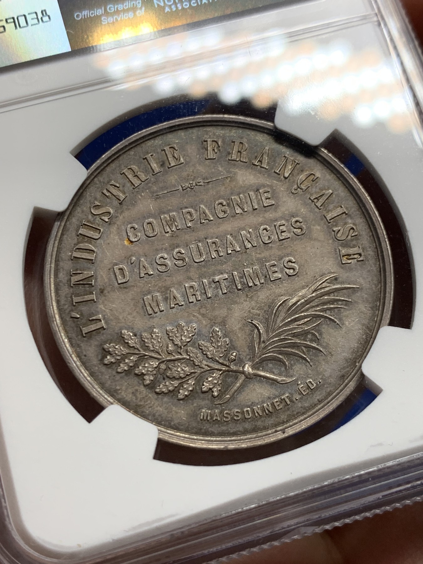 《竞宝斋》第250场-周日，周一 ，周二3场连拍 (全场包邮) NGC-MS63 法国海上保险公司银质jeton，早期无边铭，极少见品种