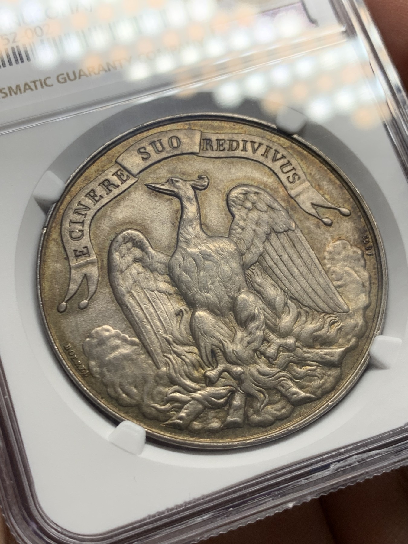 《竞宝斋》第250场-周日，周一 ，周二3场连拍 (全场包邮) NGC-MS64 法国银质纪念奖章，鲁昂火灾保险公司