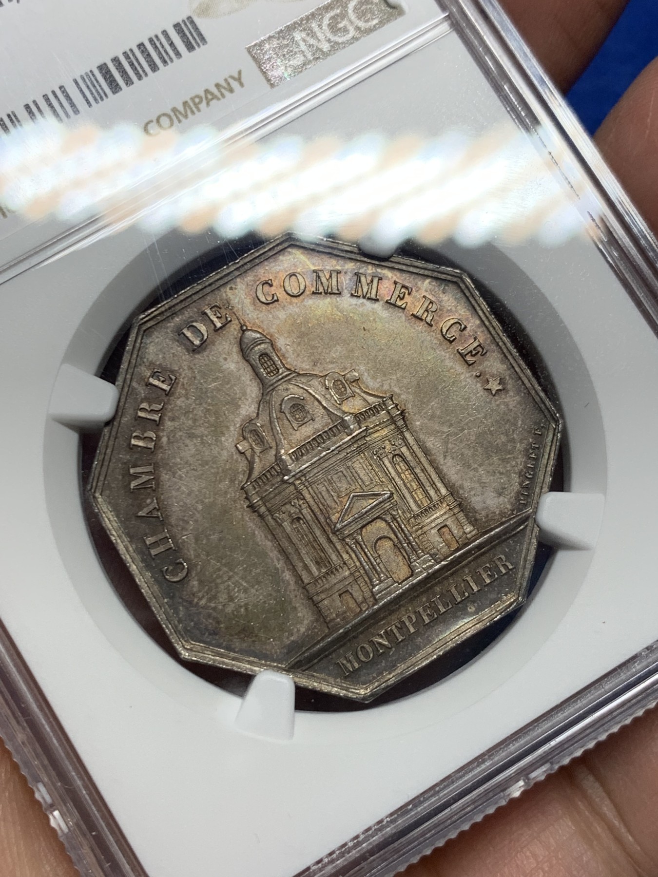 《竞宝斋》第250场-周日，周一 ，周二3场连拍 (全场包邮) NGC-MS63 法国JETON银质八角，蒙彼利埃商会