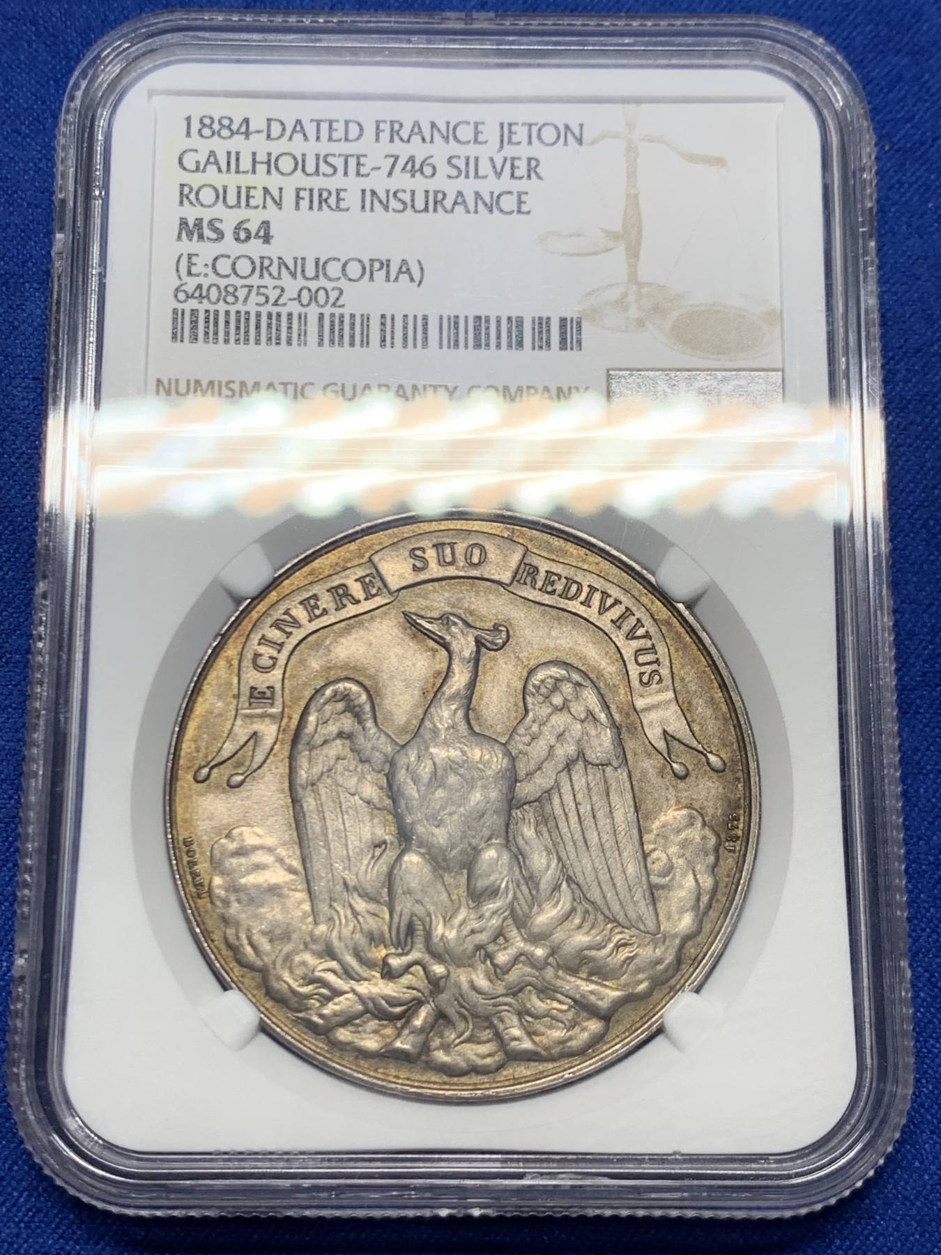 《竞宝斋》第250场-周日，周一 ，周二3场连拍 (全场包邮) NGC-MS64 法国银质纪念奖章，鲁昂火灾保险公司
