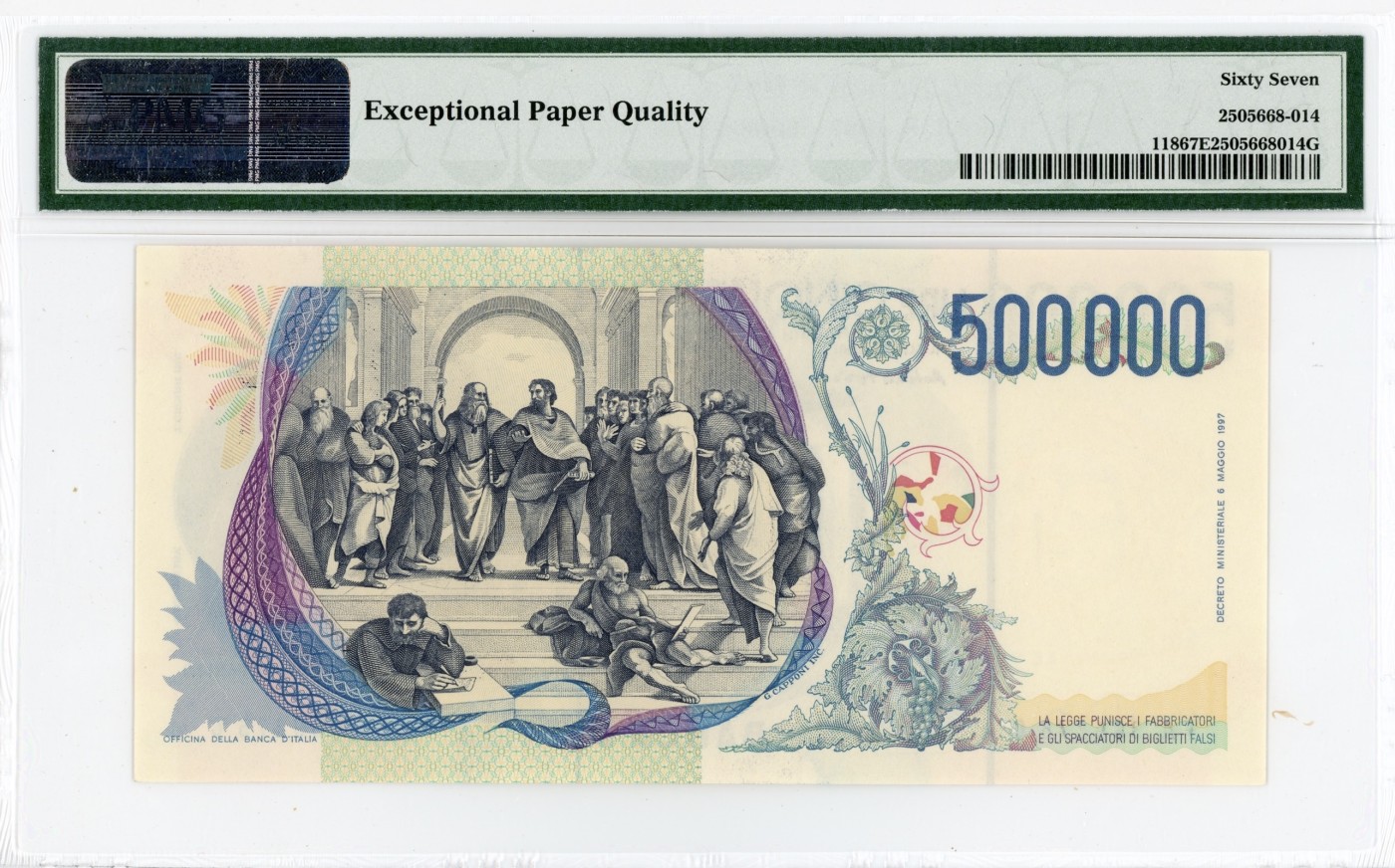 【Blue Auction】✨世界纸币精拍第448期【精】 意大利 1997年50万里拉 经典拉斐尔 PMG67EPQ 高分 老壳 