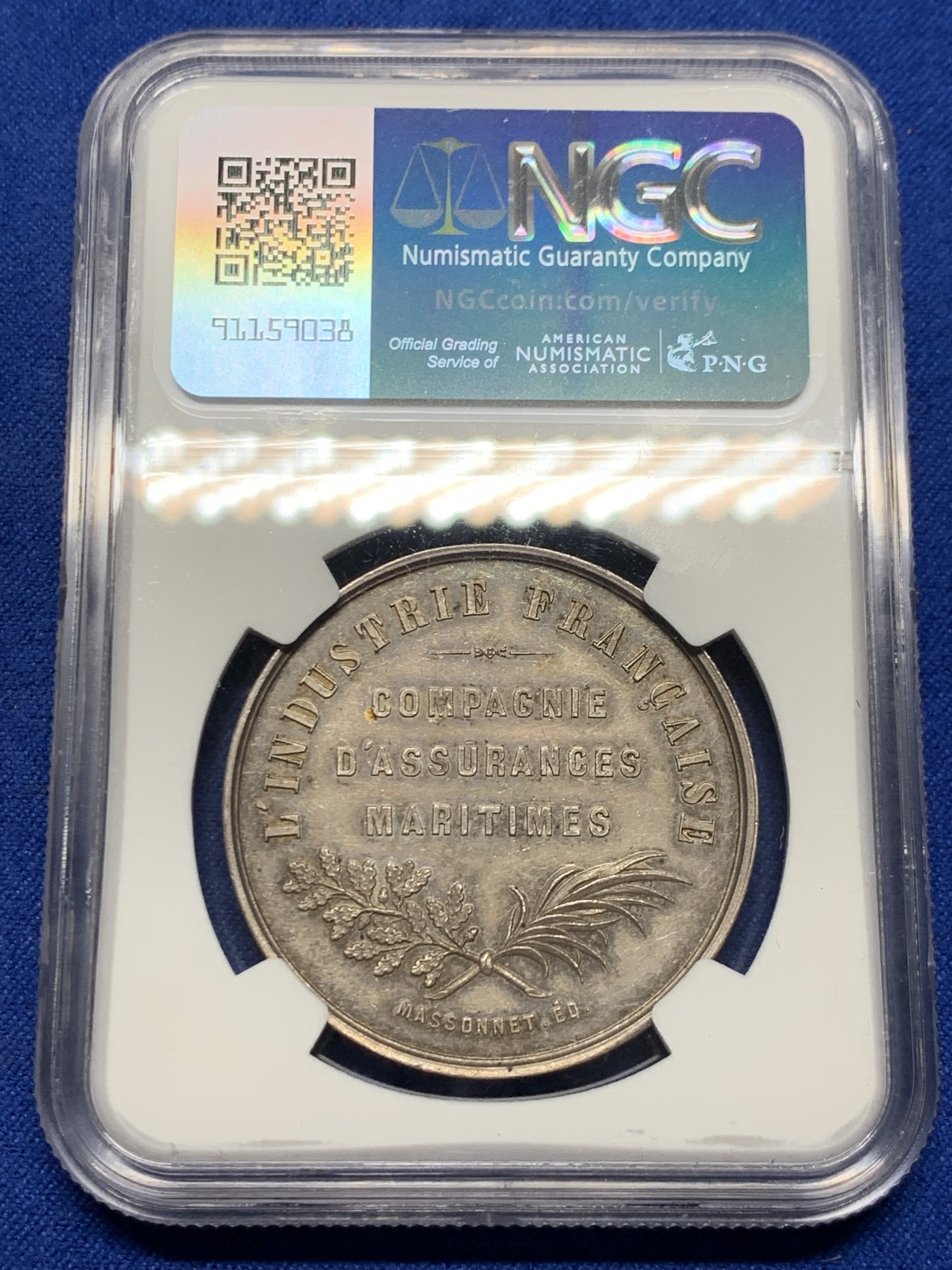 《竞宝斋》第250场-周日，周一 ，周二3场连拍 (全场包邮) NGC-MS63 法国海上保险公司银质jeton，早期无边铭，极少见品种