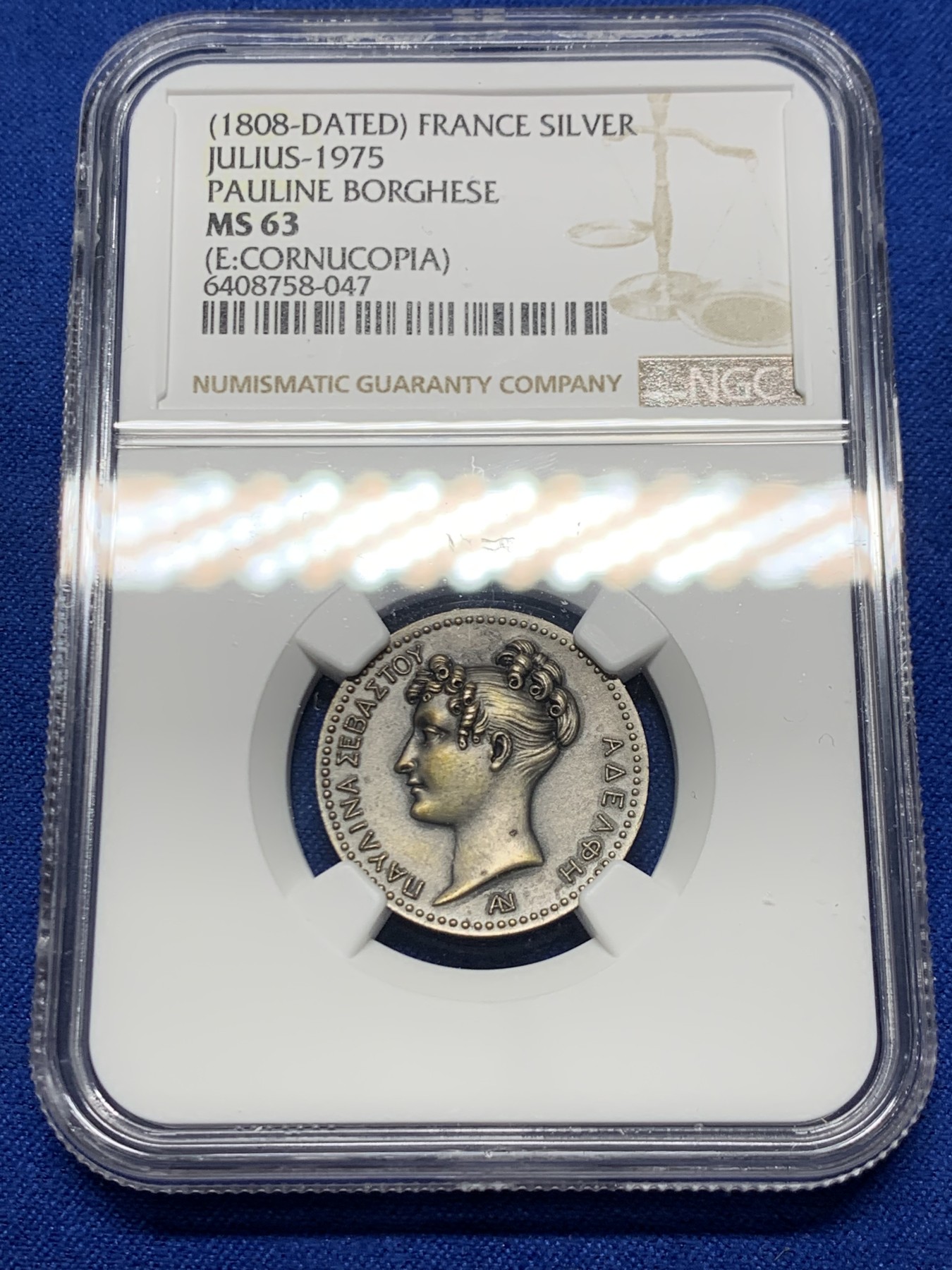 《竞宝斋》第250场-周日，周一 ，周二3场连拍 (全场包邮) NGC-MS63 法国拿破仑妹妹波琳娜银质jeton