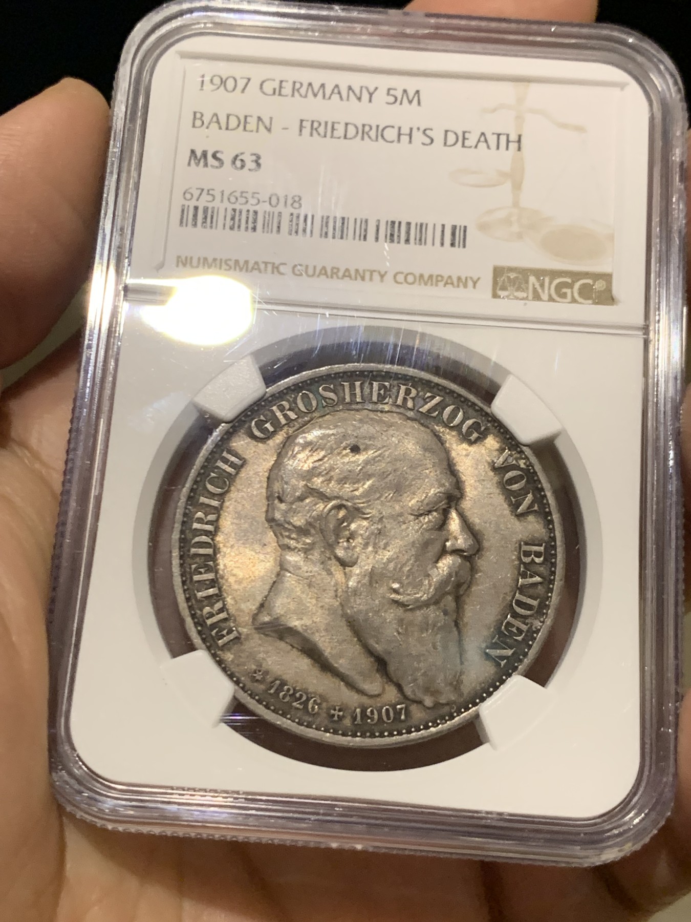 《竞宝斋》第249场-周日，周一 ，周二3场连拍 (全场包邮) NGC  MS63  德国  1907年  巴登逝世纪念5马克