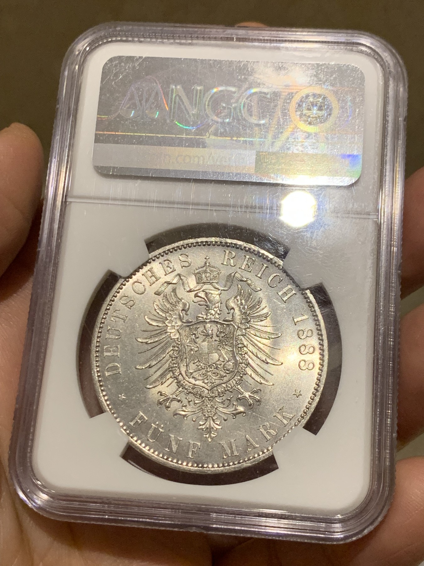 《竞宝斋》第249场-周日，周一 ，周二3场连拍 (全场包邮) NGC MS63+ 德国普鲁士 1888年 三皇 5马克 银币