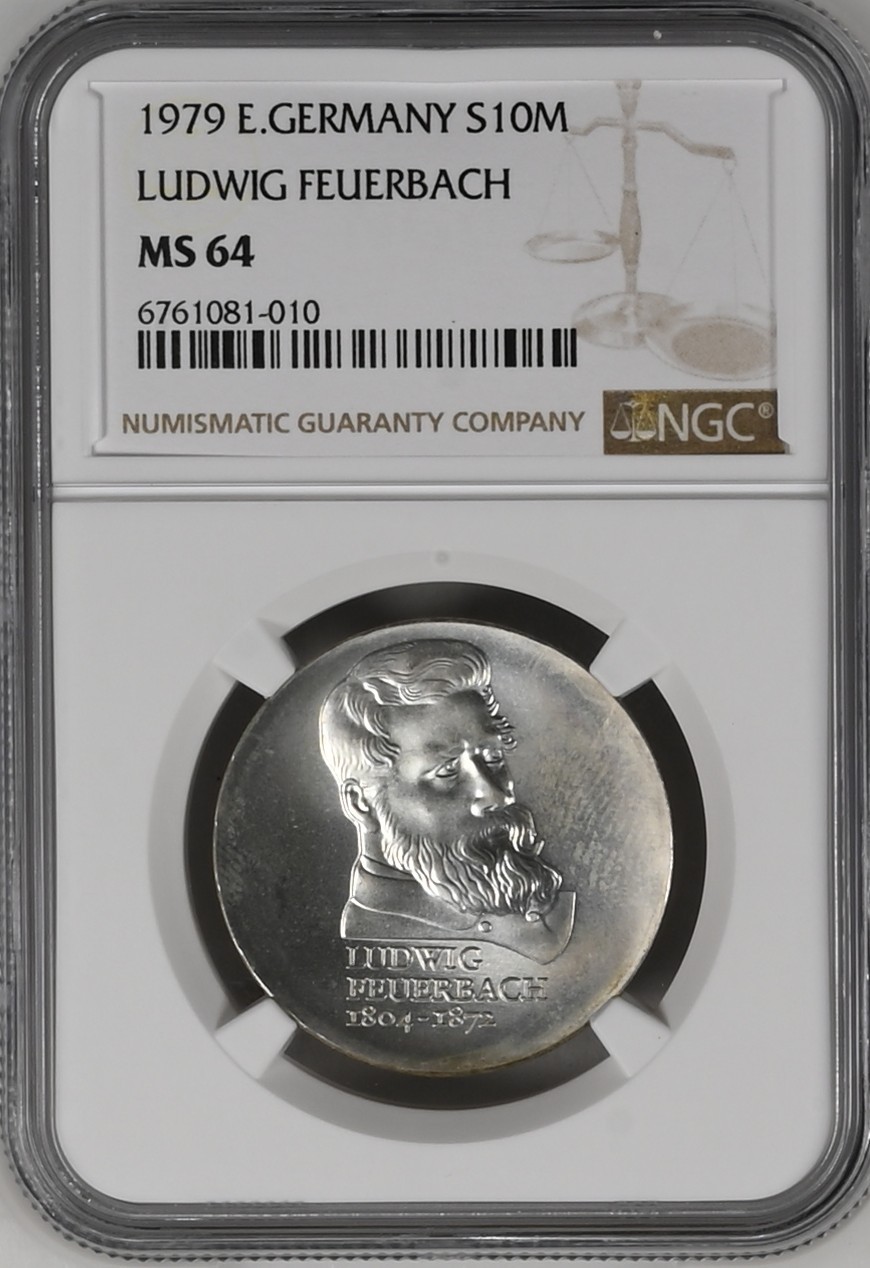 长老汇龙年精选第三场 1979 东德费尔巴哈10马克银币，NGC MS64分，更高分仅有13枚