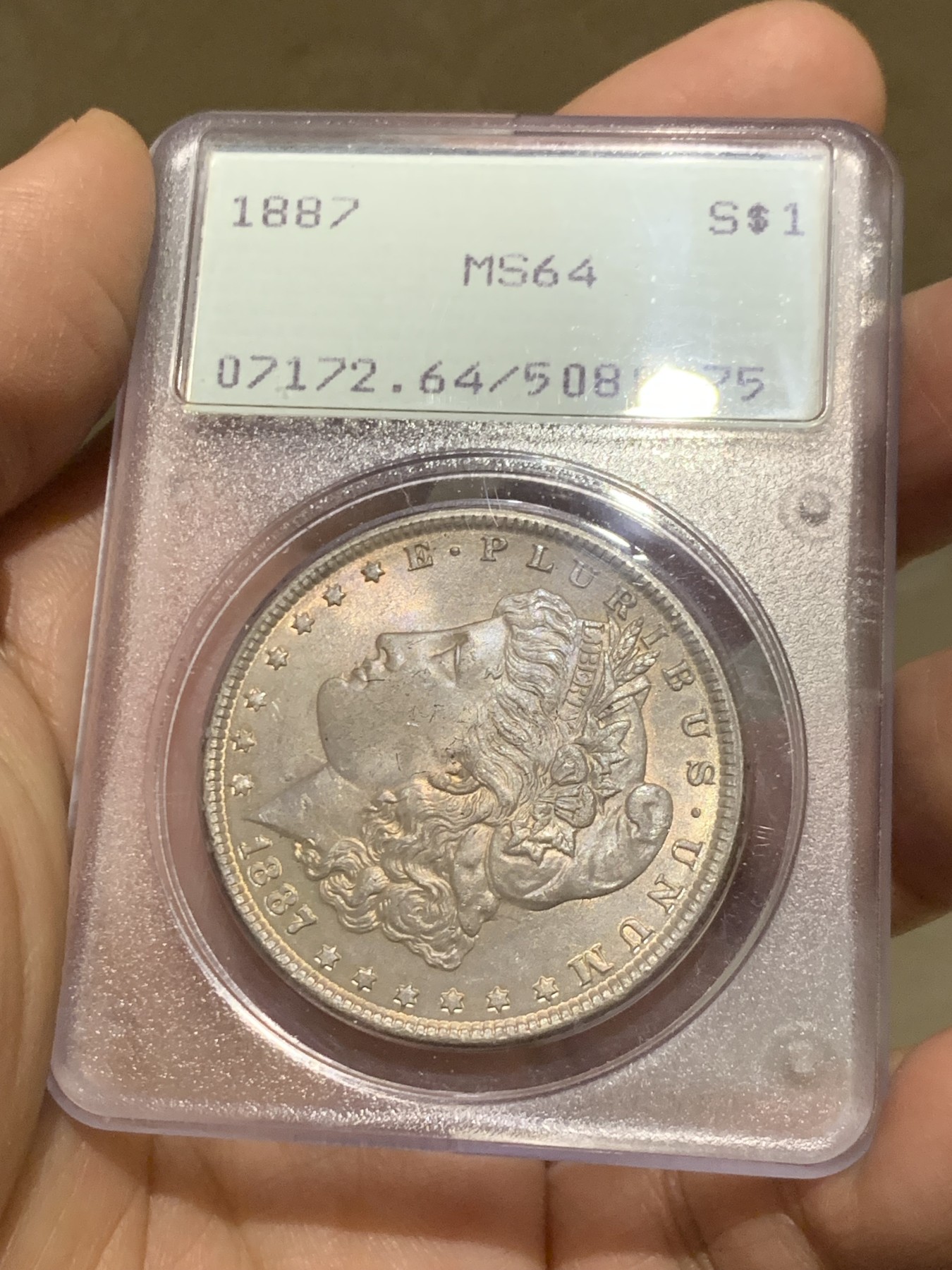 《竞宝斋》第249场-周日，周一 ，周二3场连拍 (全场包邮) PCGS MS64 美国 1887年 摩根银币 rattler 一代盒 正面淡紫包浆 鹰面银光十足 绝版盒子+低评品质