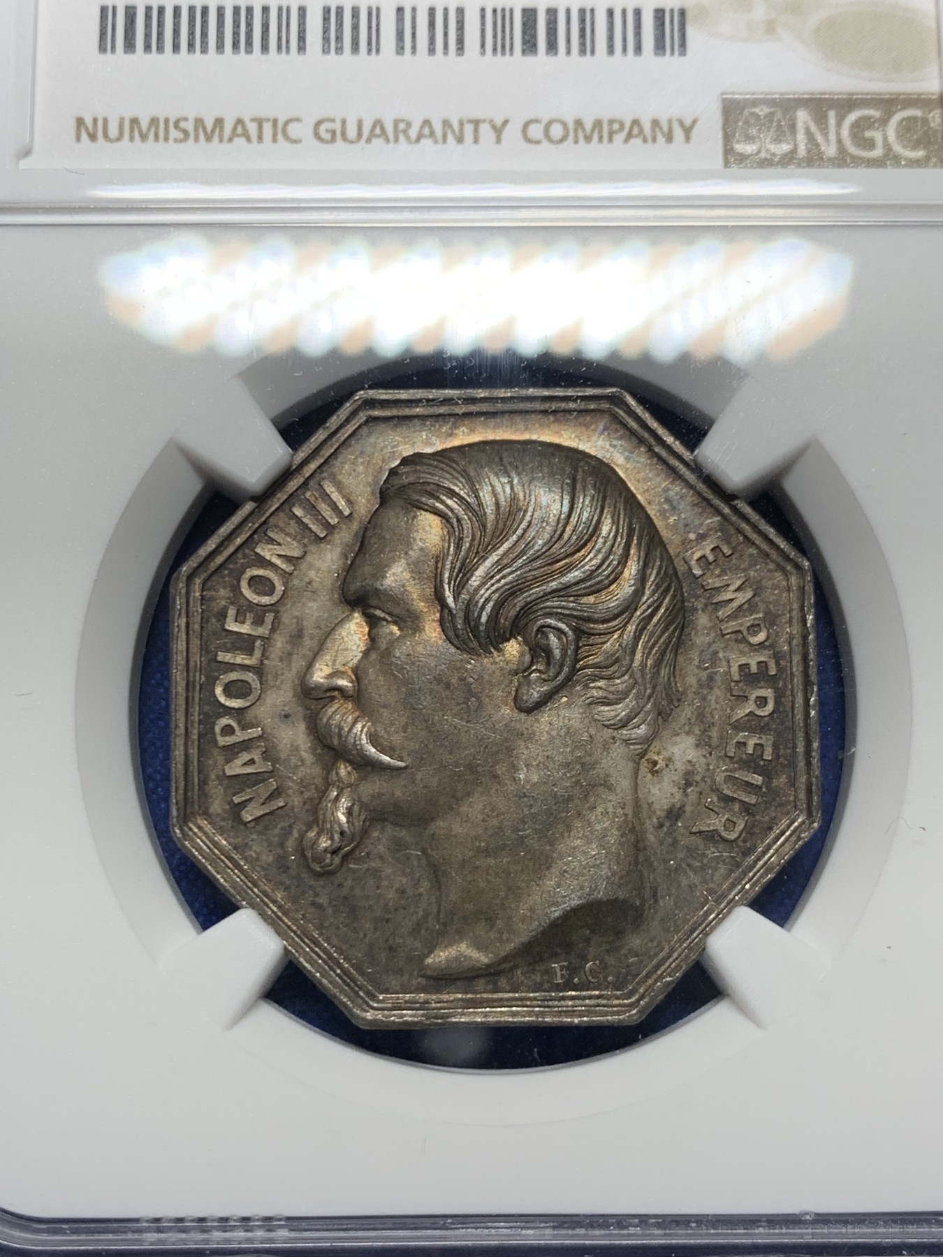 《竞宝斋》第250场-周日，周一 ，周二3场连拍 (全场包邮) NGC-MS63 法国八角银质代币，下塞纳省勃艮第城市公共教育委员会