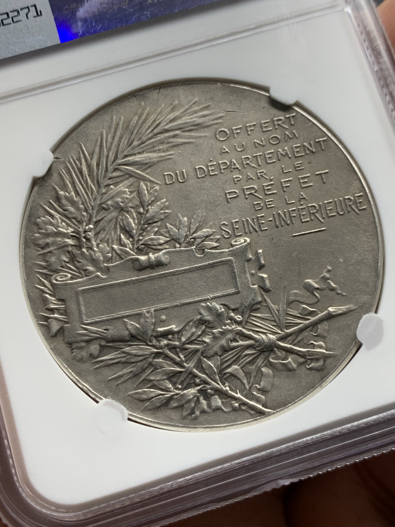 《竞宝斋》第250场-周日，周一 ，周二3场连拍 (全场包邮) NGC MS61 法国 罗蒂作品 玛丽安娜 银章 42mm大规格  经典设计 丰饶角边铭银标