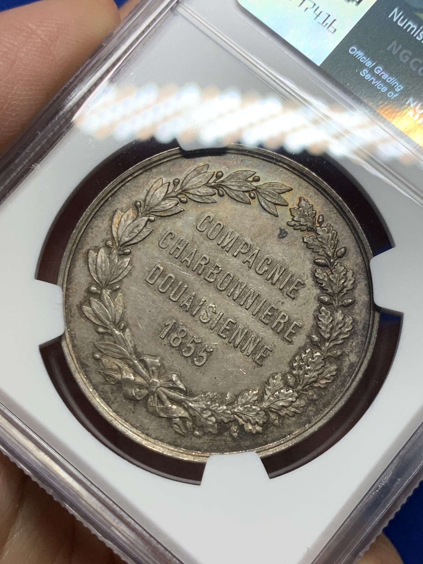 《竞宝斋》第250场-周日，周一 ，周二3场连拍 (全场包邮) NGC-MS63 法国杜埃煤炭公司银质jeton，蜜蜂边铭